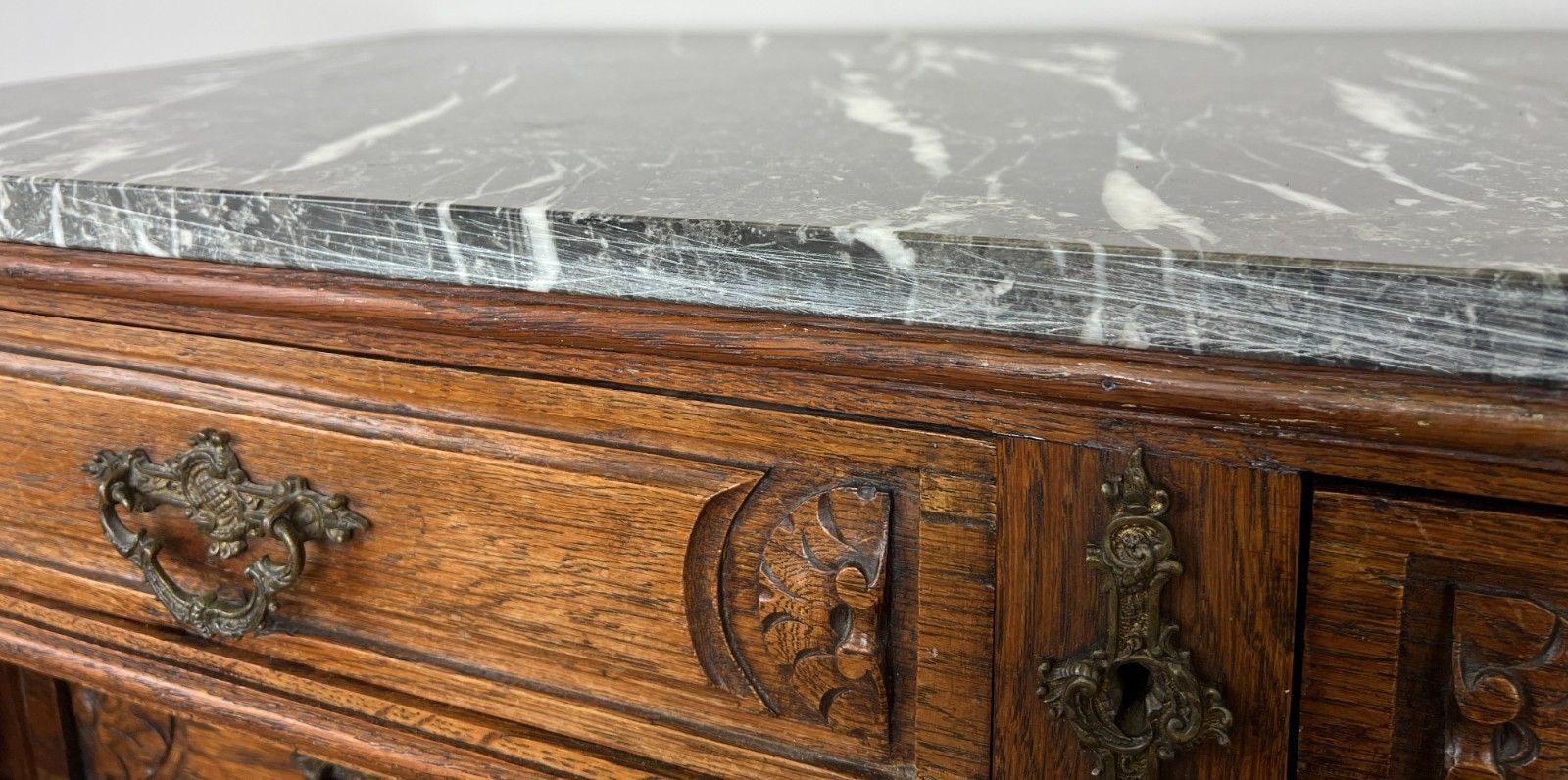 599.0 Chest Of Drawers Antique French Style Marble Top Walnut Cabinet Lot 6077 photo