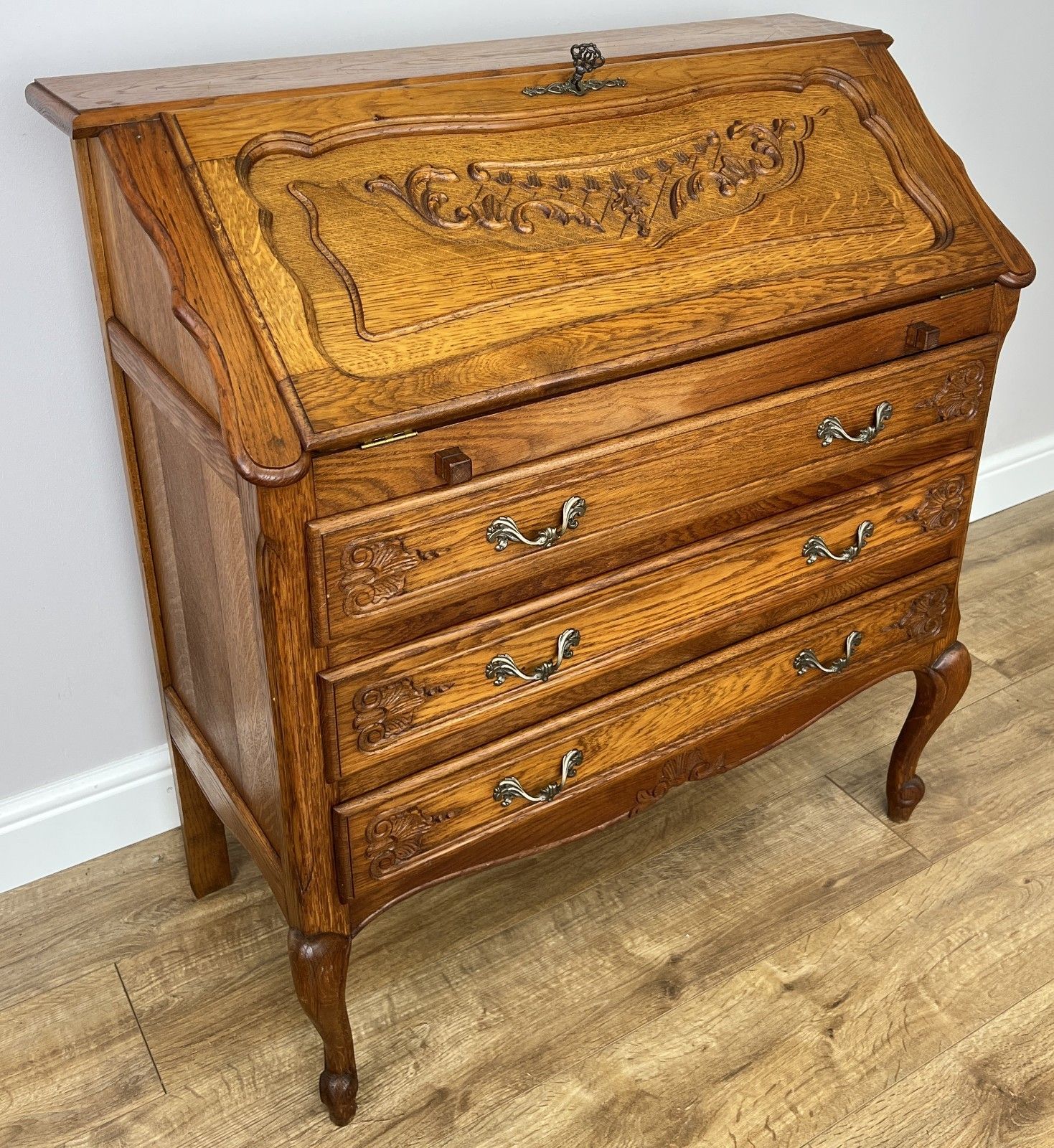 Secretaire Writing Desk Vintage French Style Oak Rare Bureaux Cabinet Lot 6091 photo for sale