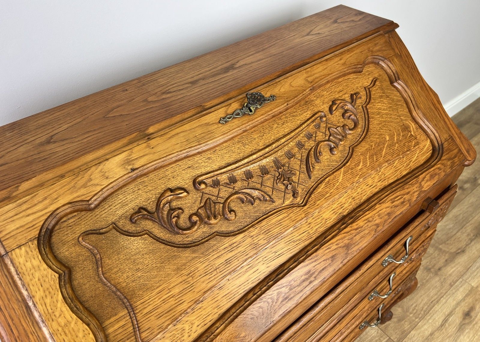Furniture Secretaire Writing Desk Vintage French Style Oak Rare Bureaux Cabinet Lot 6091 photo