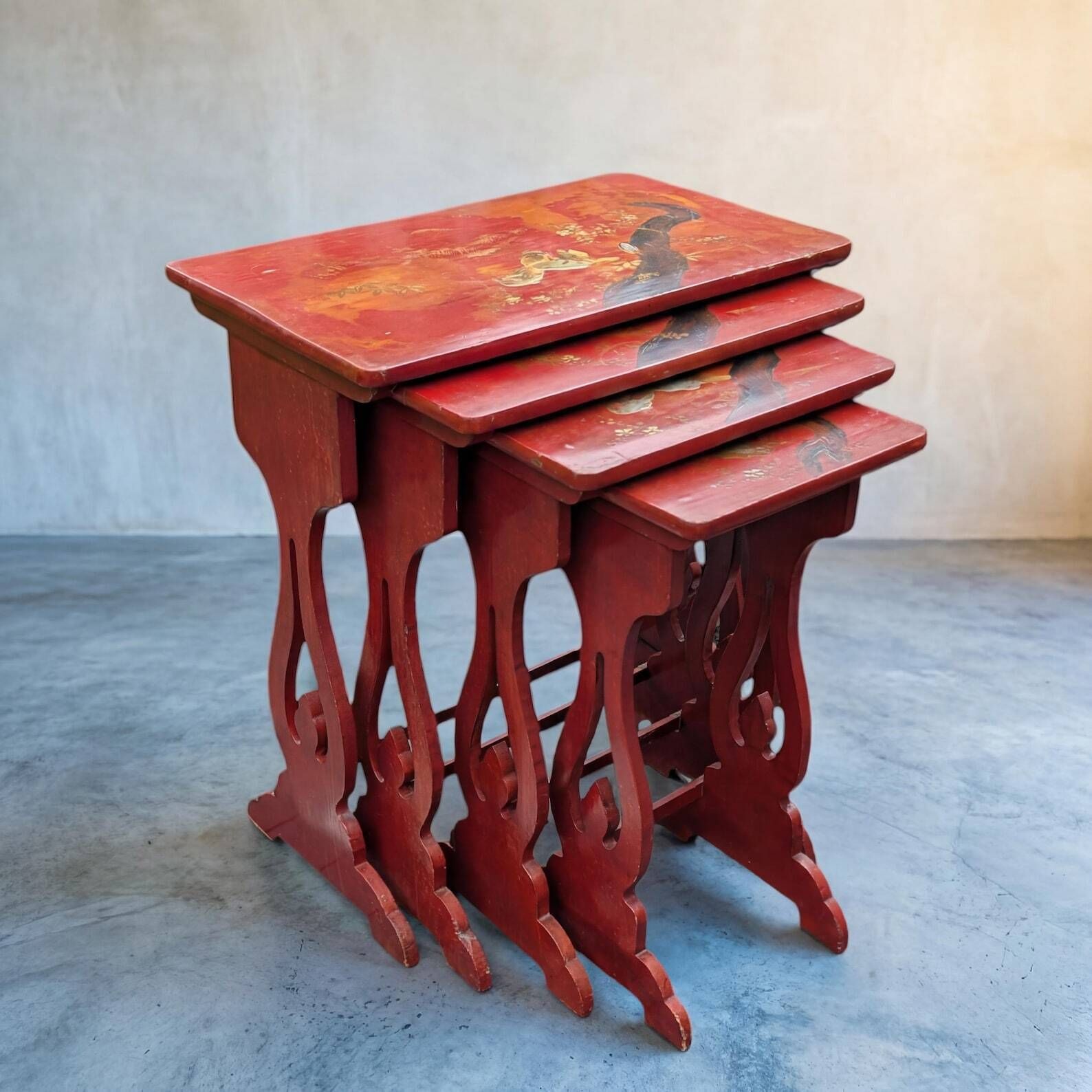 Japanese Lacquer Nesting Tables Red Chinoiserie Side Tables Mid Century