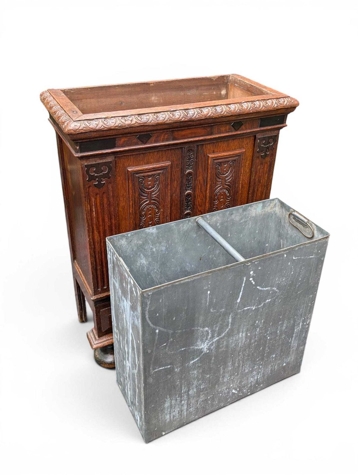photo vintage Antique Oak Umbrella Stand With Zinc Liner, Netherlands Circa 1900