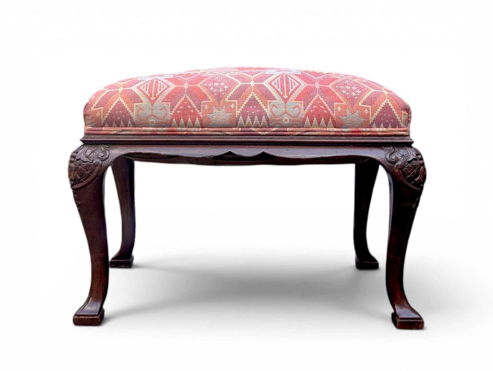 Antique Queen Anne Footstool With Carved Wood And Woven Upholstery photo furniture