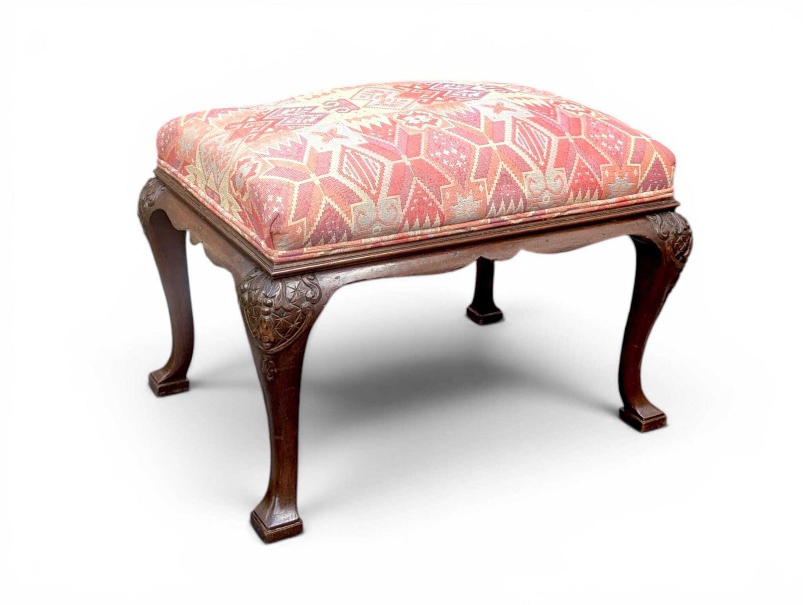 Antique Queen Anne Footstool With Carved Wood And Woven Upholstery photo for sale
