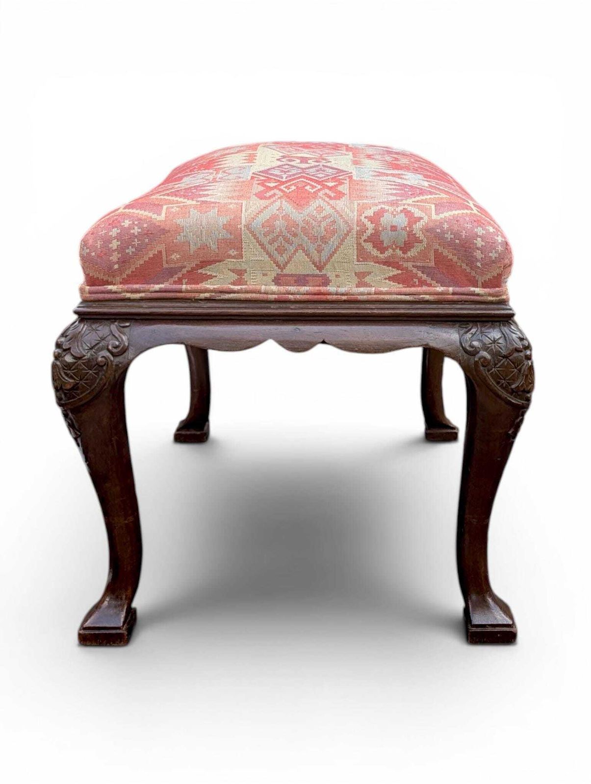 Antique Queen Anne Footstool With Carved Wood And Woven Upholstery photo vinterior