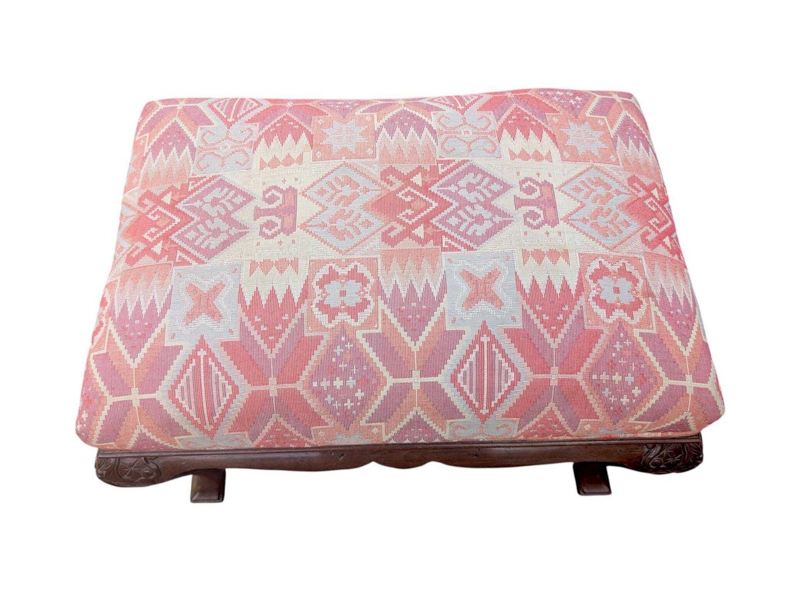 photo for sale Antique Queen Anne Footstool With Carved Wood And Woven Upholstery