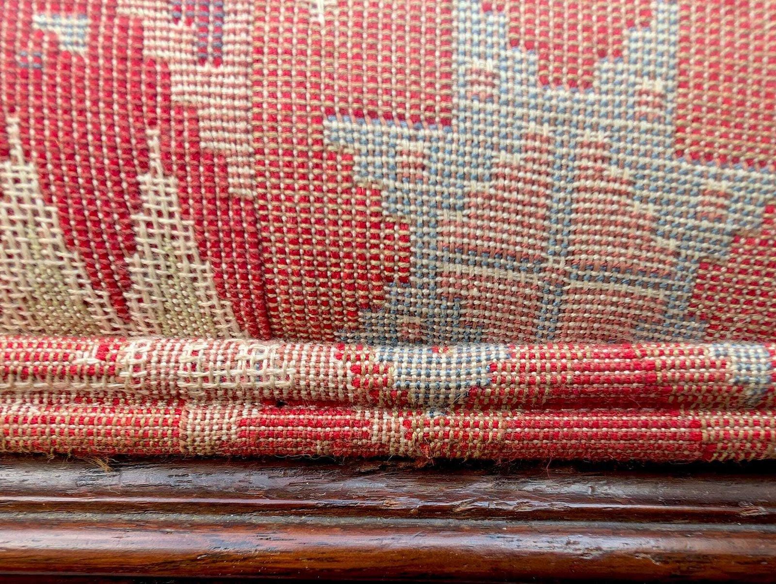359.0 Antique Queen Anne Footstool With Carved Wood And Woven Upholstery photo