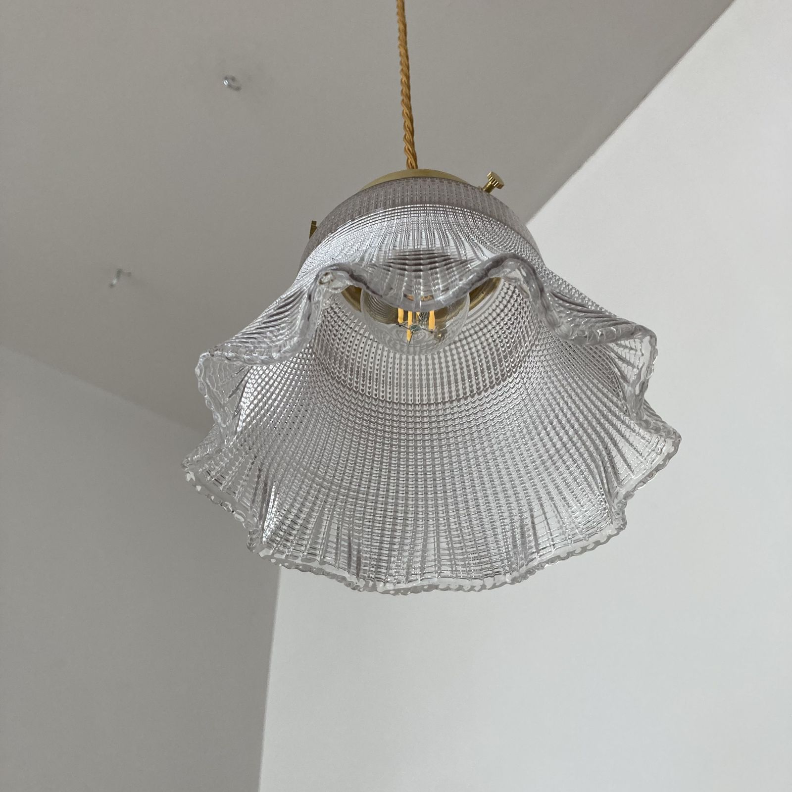 Set Of Three Holophane Cross Hatch With Frill Glass Shades photo for sale