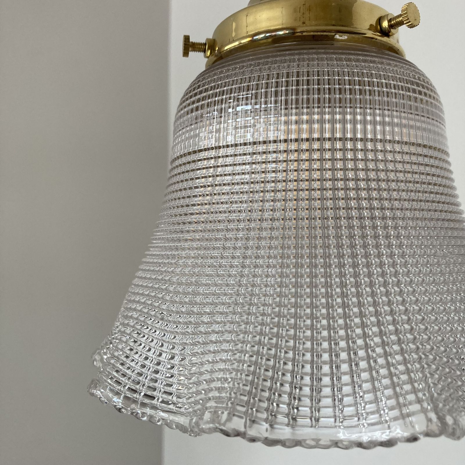 Set Of Three Holophane Cross Hatch With Frill Glass Shades photo Lighting