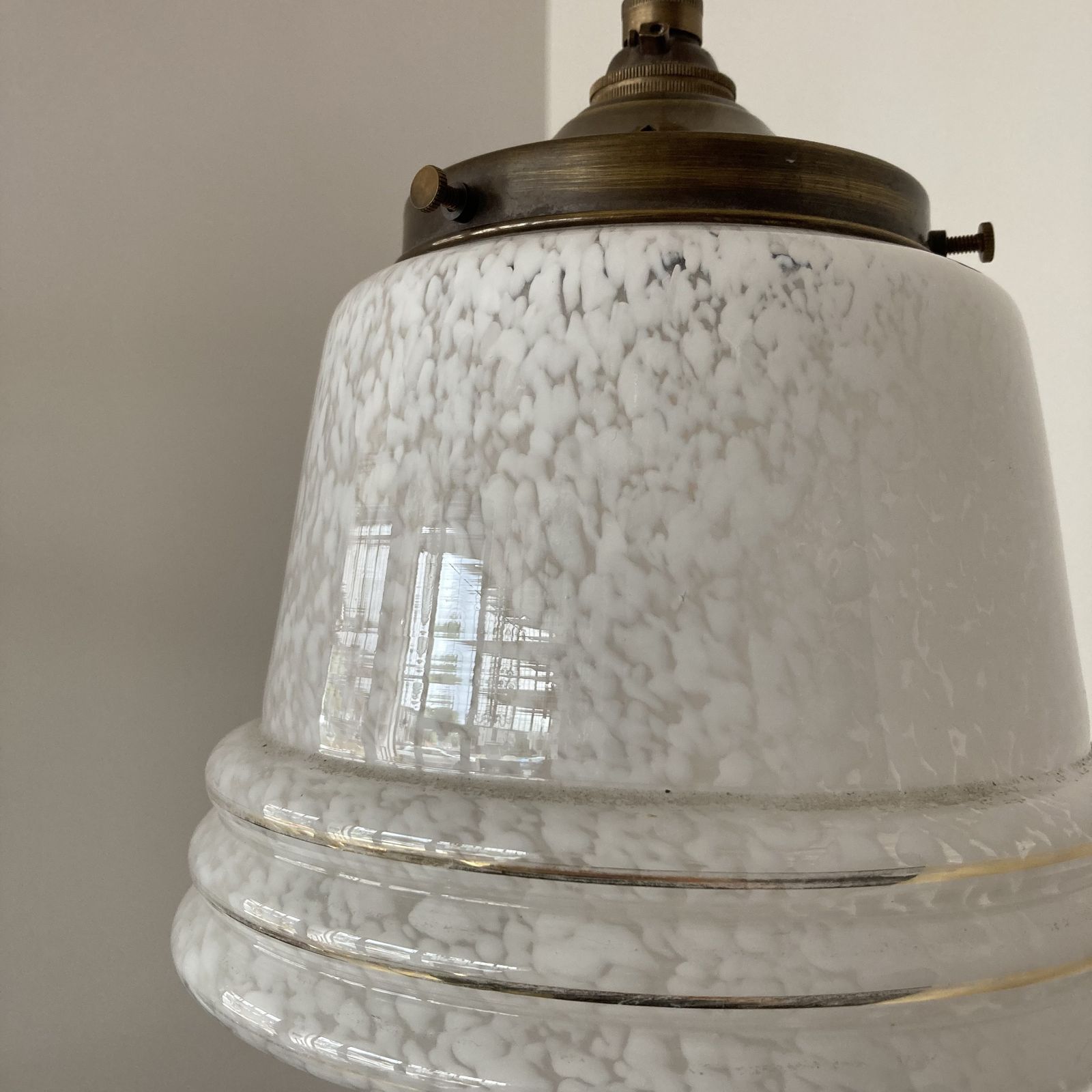 White Mottled Glass Shade With Gold Band Detail photo Lighting