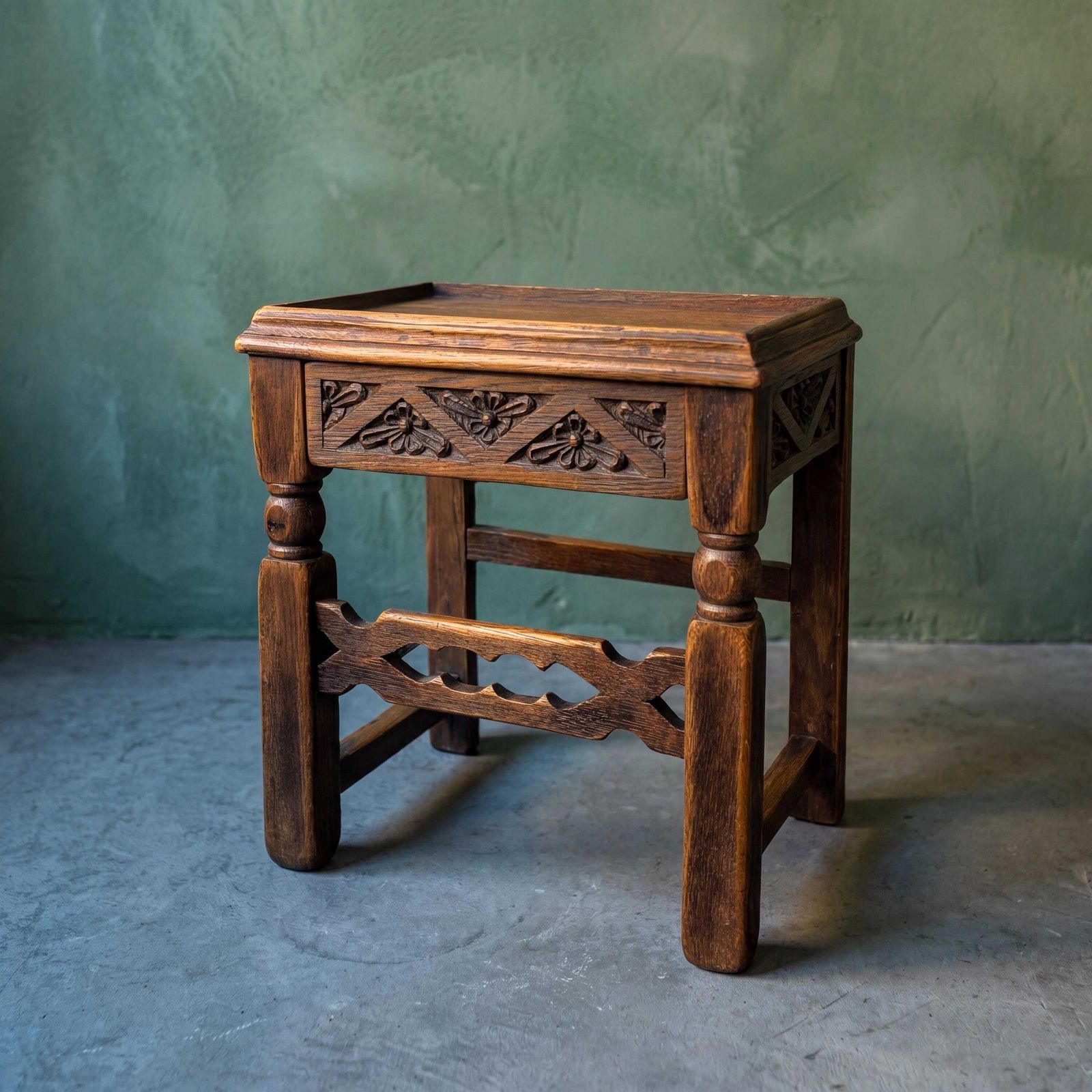 1930s Carved Oak Side Table With Hidden Drawer Tudor Revival Style