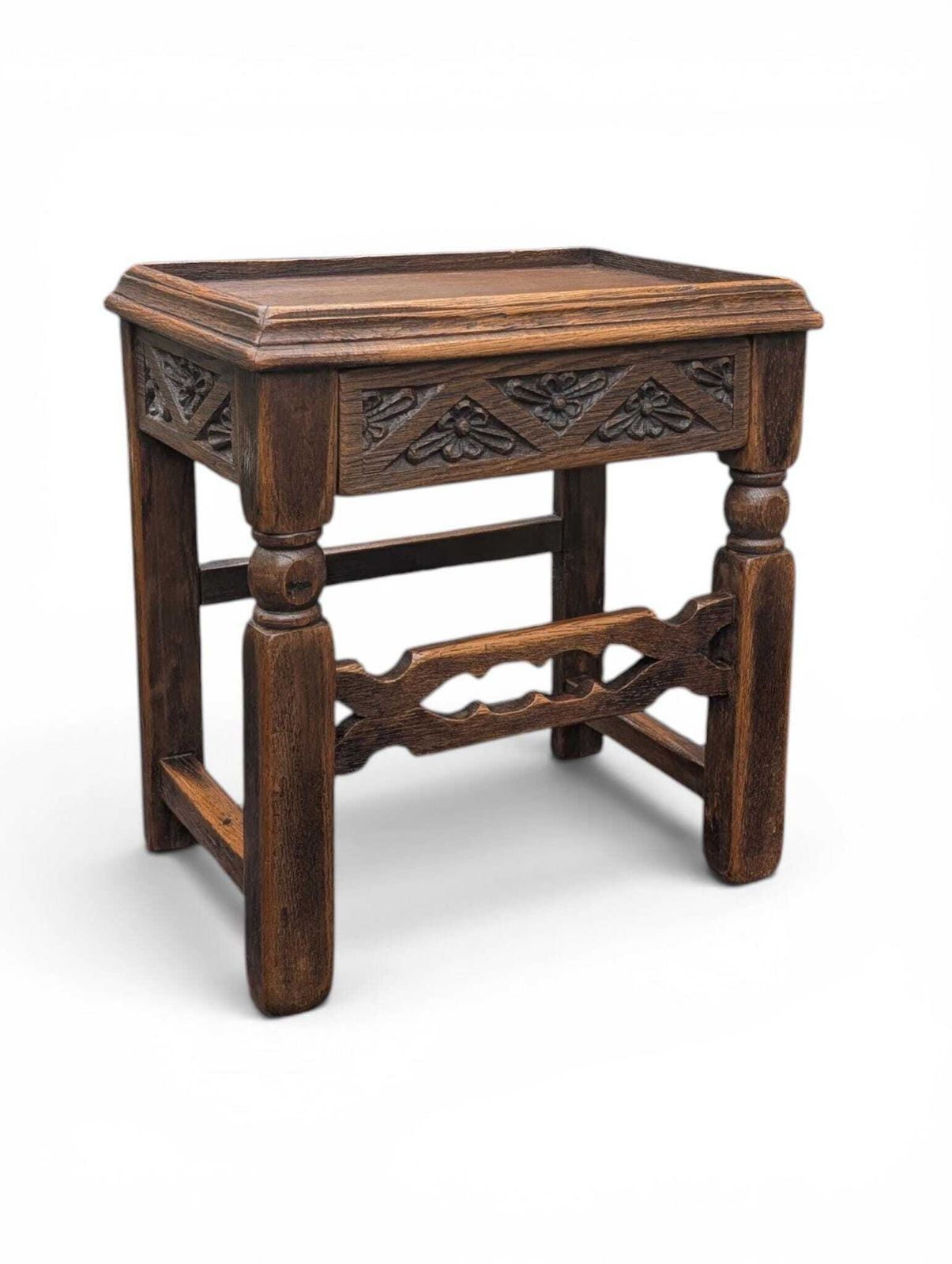 1930s Carved Oak Side Table With Hidden Drawer Tudor Revival Style photo furniture