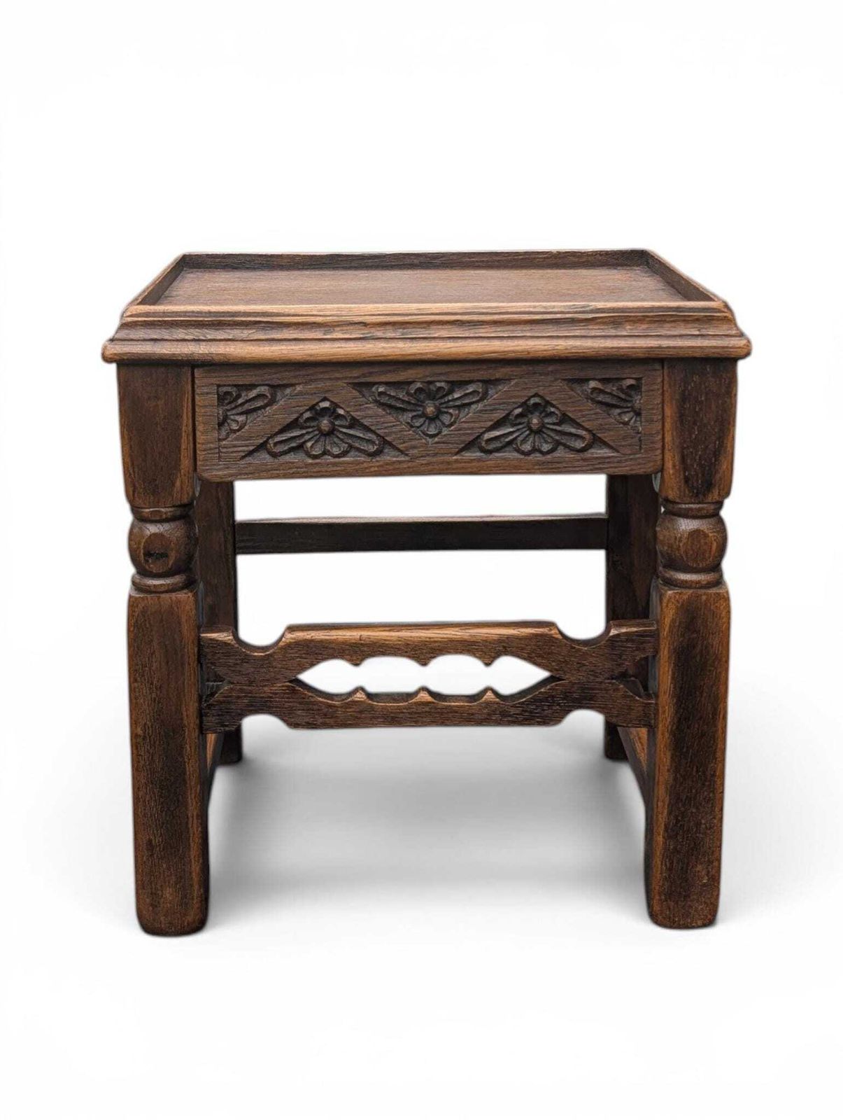 1930s Carved Oak Side Table With Hidden Drawer Tudor Revival Style photo for sale
