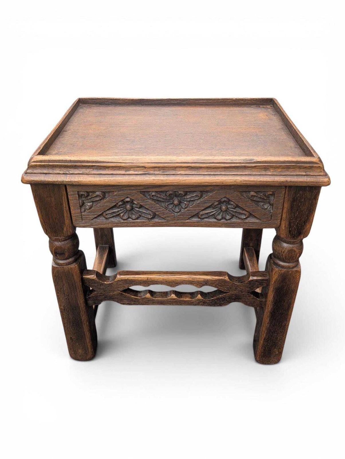 1930s Carved Oak Side Table With Hidden Drawer Tudor Revival Style photo 249.0