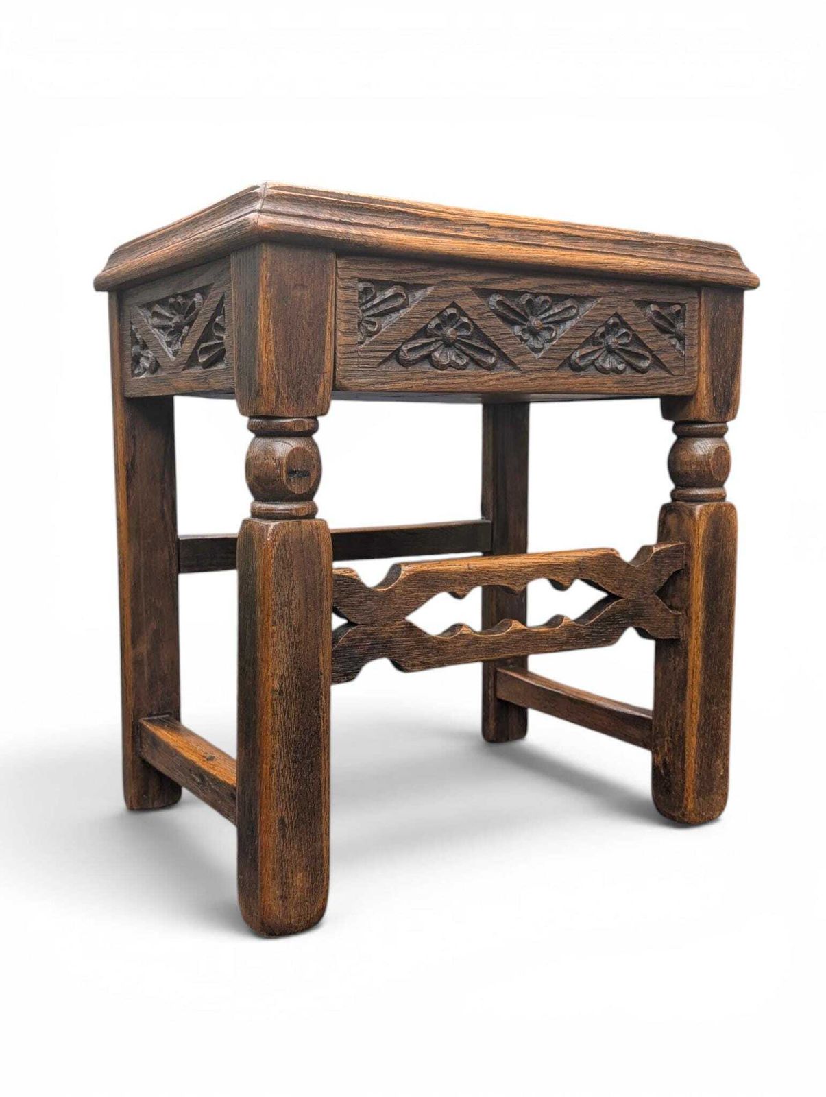 1930s Carved Oak Side Table With Hidden Drawer Tudor Revival Style photo vinterior