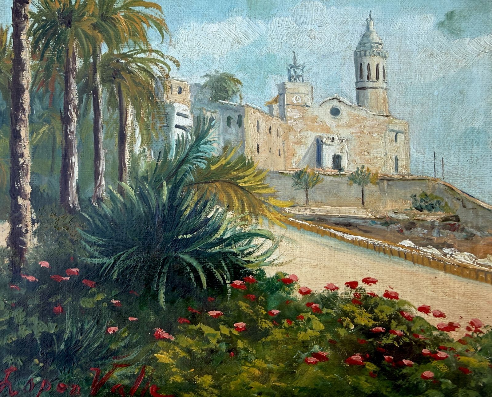 Lopez Valle Luminous Mediterranean View Of Sitges Church With Palms And Flowers Oil Painting 1979 photo Art
