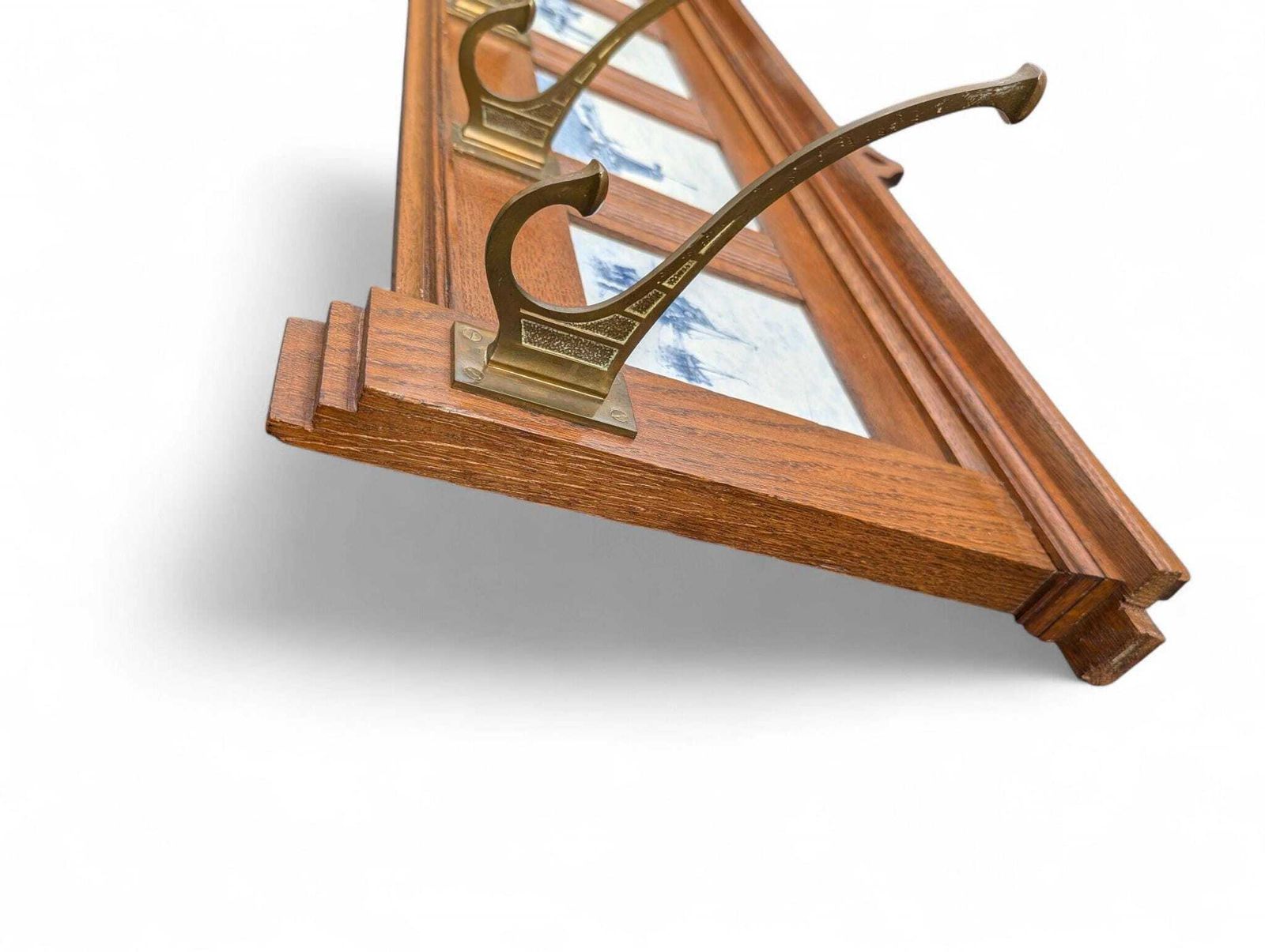 photo furniture Arts And Crafts Dutch Oak Coat Rack With Delft Blue Tiles And Brass Hooks