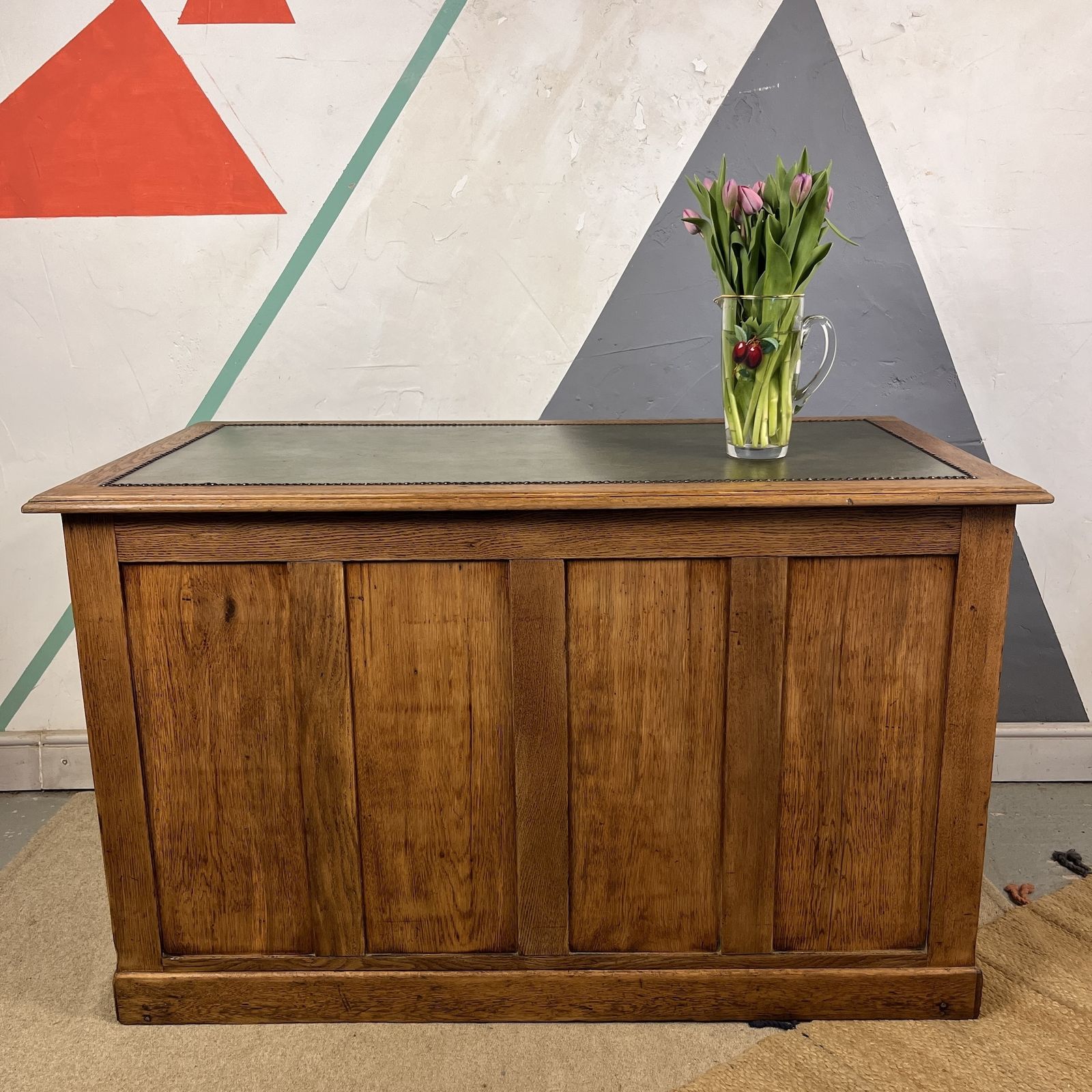 Early Mid Century Oak Pedestal Kneehole Office Desk photo vinterior