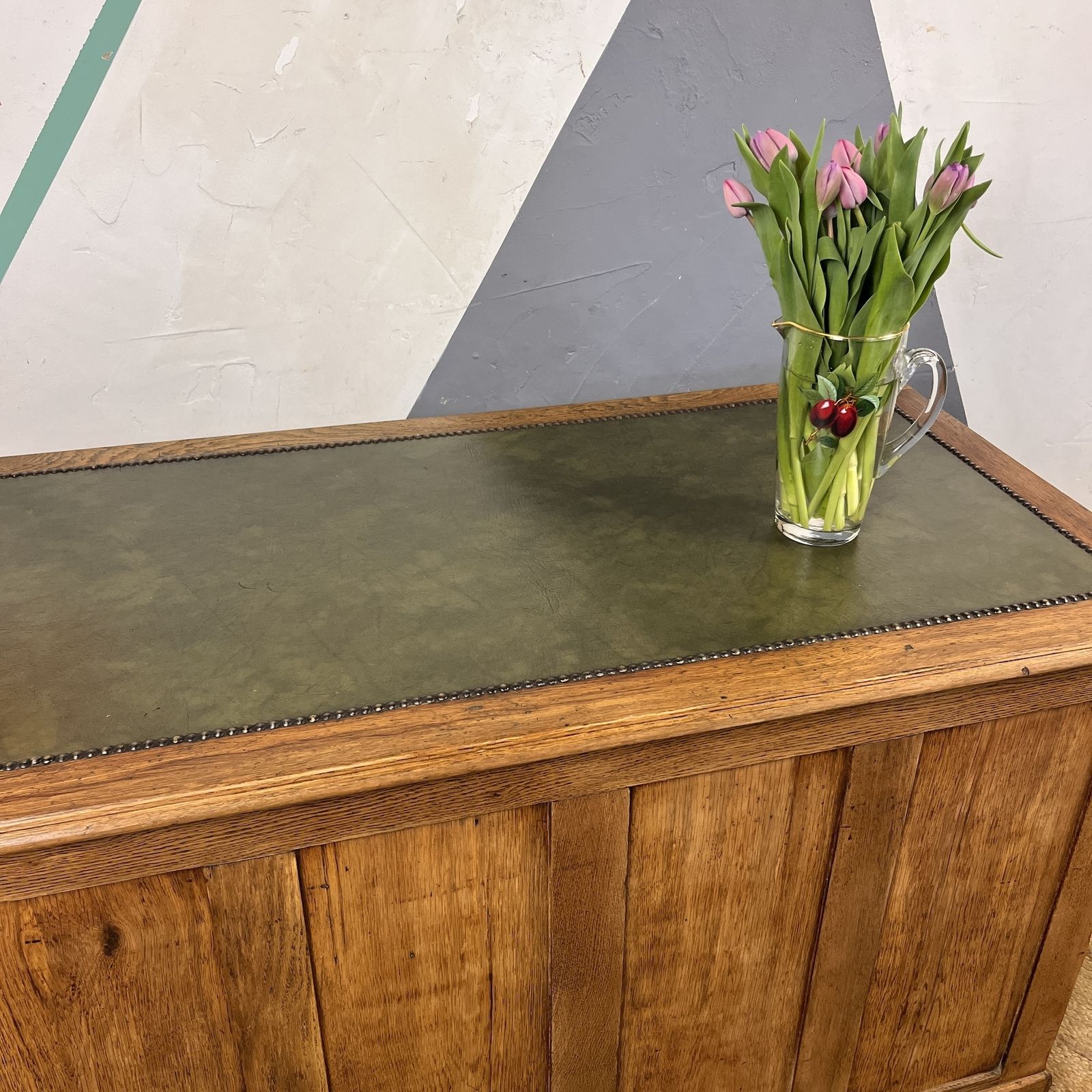 Early Mid Century Oak Pedestal Kneehole Office Desk photo buy