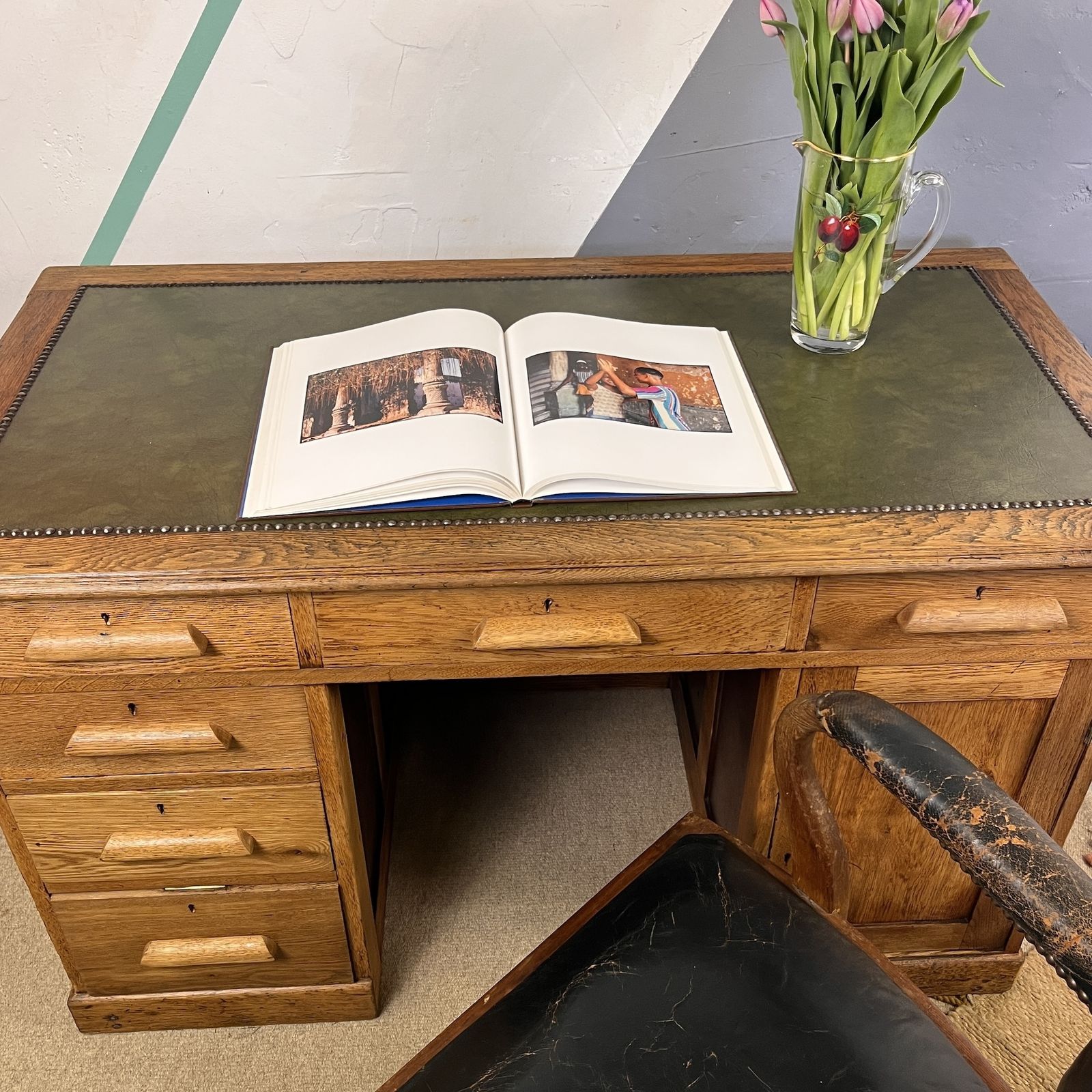 Early Mid Century Oak Pedestal Kneehole Office Desk