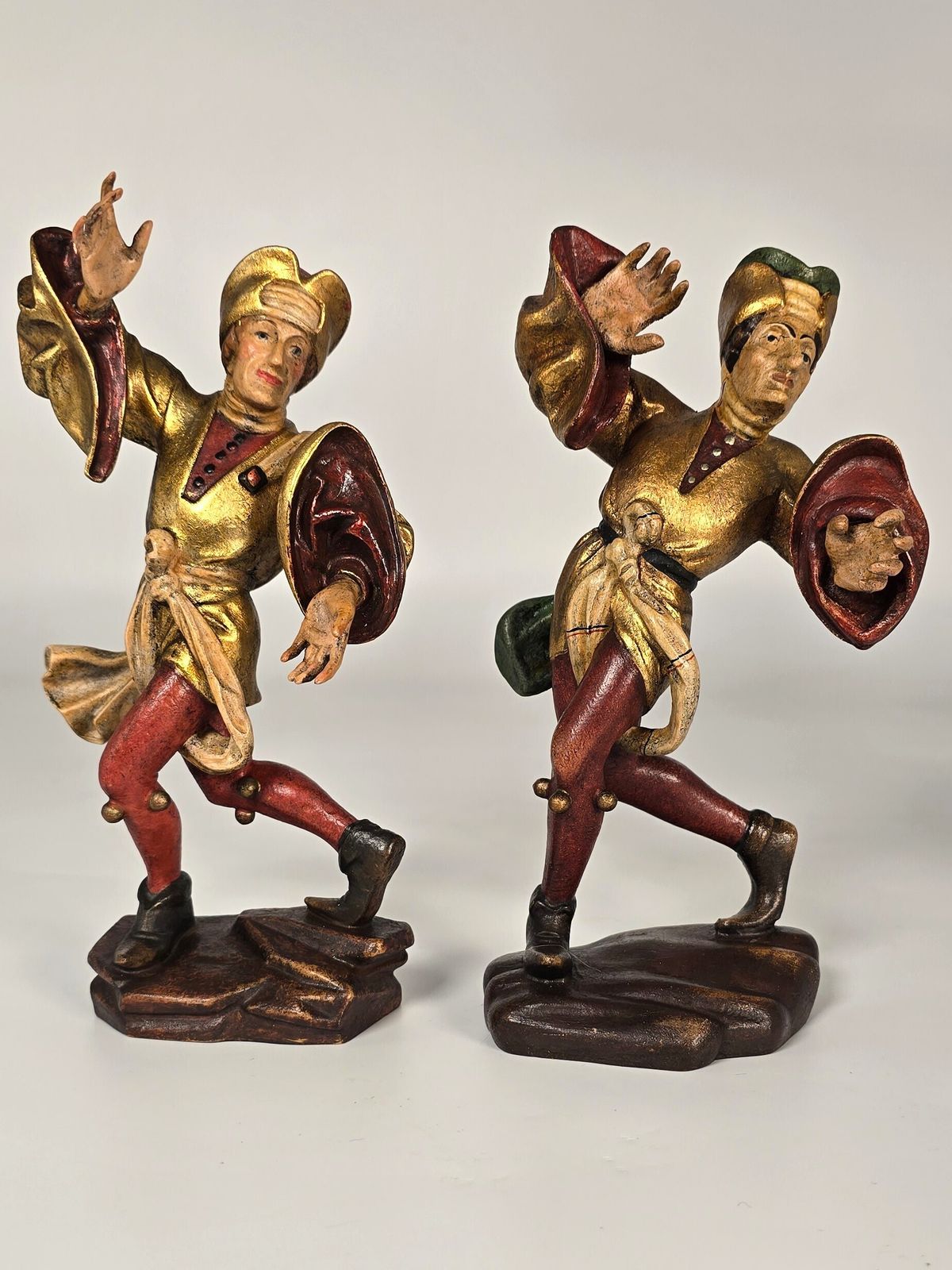 A Pair Of Swiss Or Black Forest Carved And Polychrome And Gilt Painted Jester Figures Circa 1930 photo vinterior