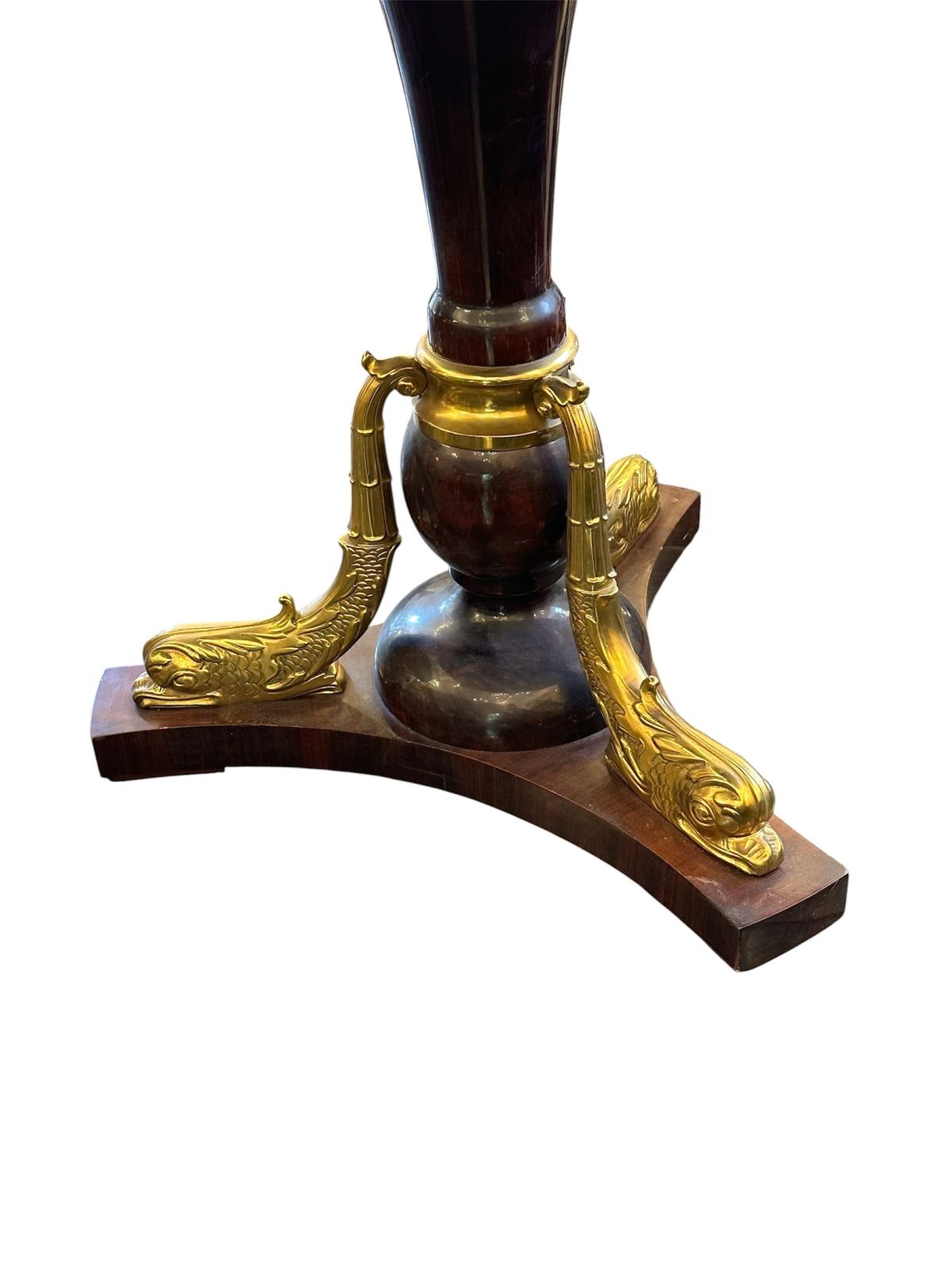 French 1940 Maison Jansen Carrara Marble Top Centre Table And Stylised Ormolu Dolphins Adorning A Lacquer Wood Base photo for sale