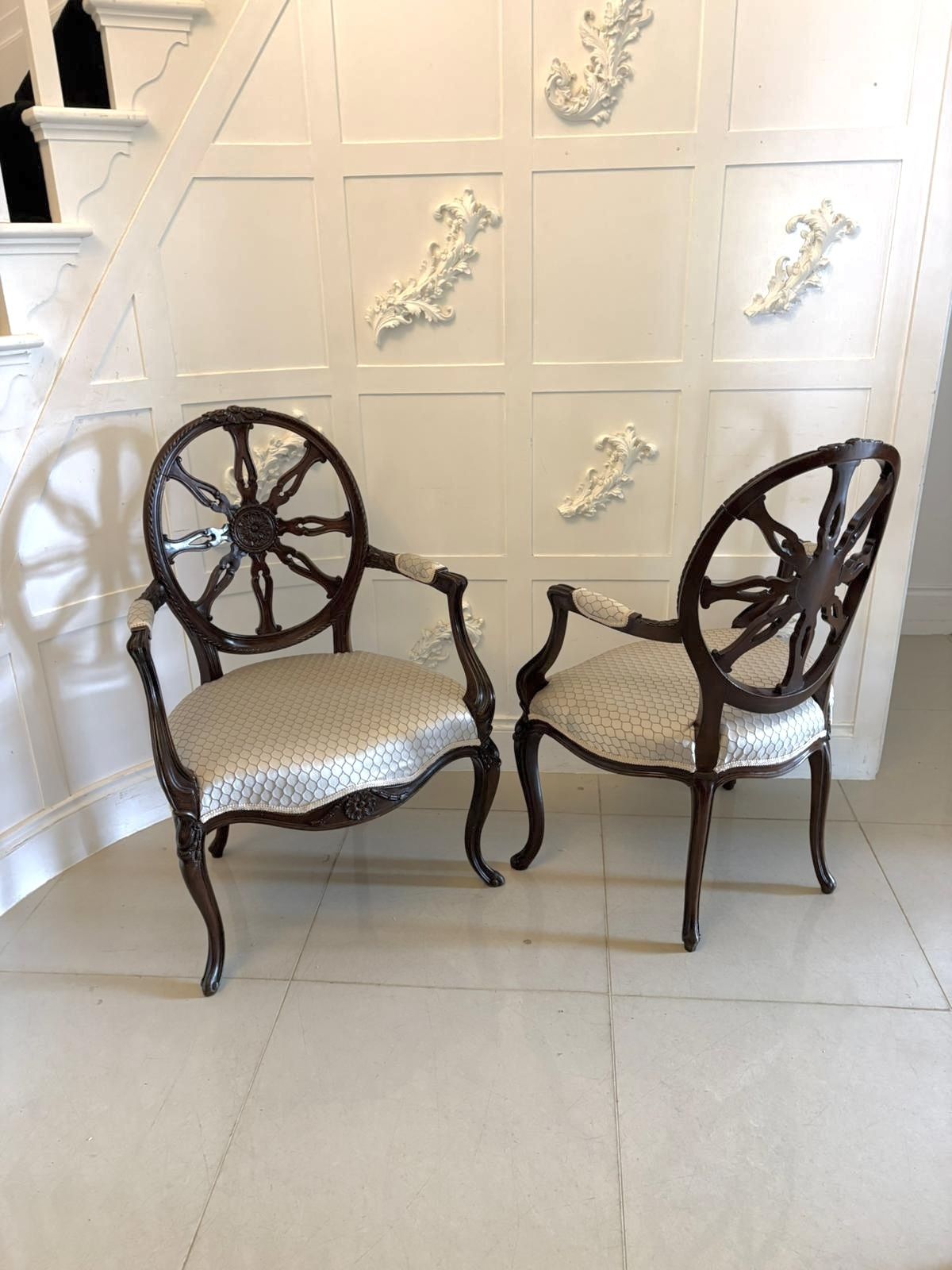 photo furniture Antique Pair Of 19th Century Carved Mahogany Spider Web Back Desk Chairs