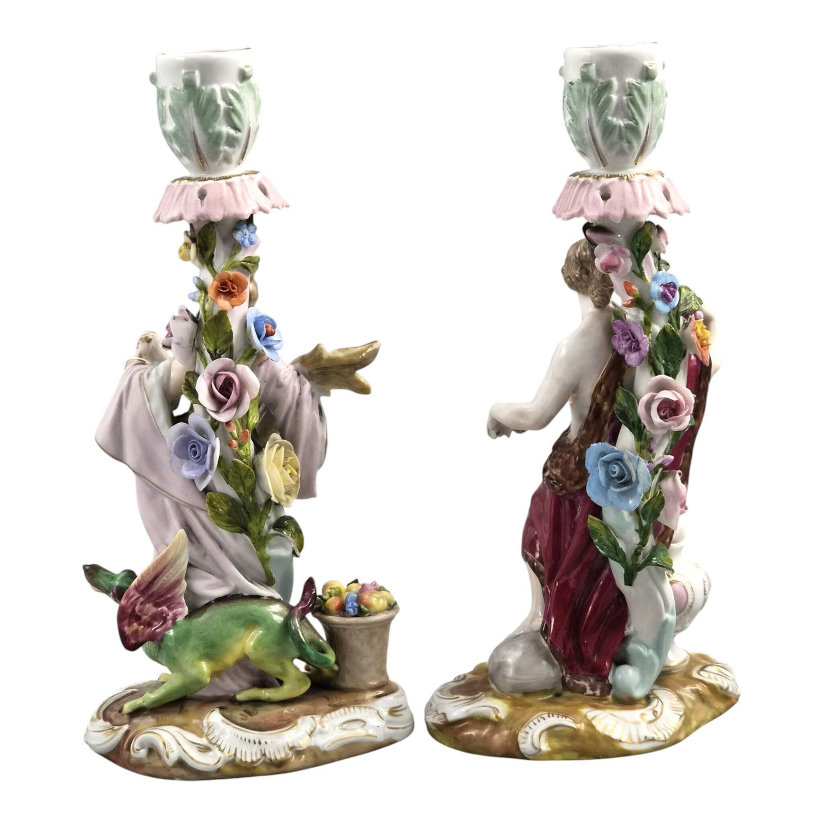 Volkstedt R. Eckert & Co. Allegorical Porcelain Candlesticks C.1895 photo for sale