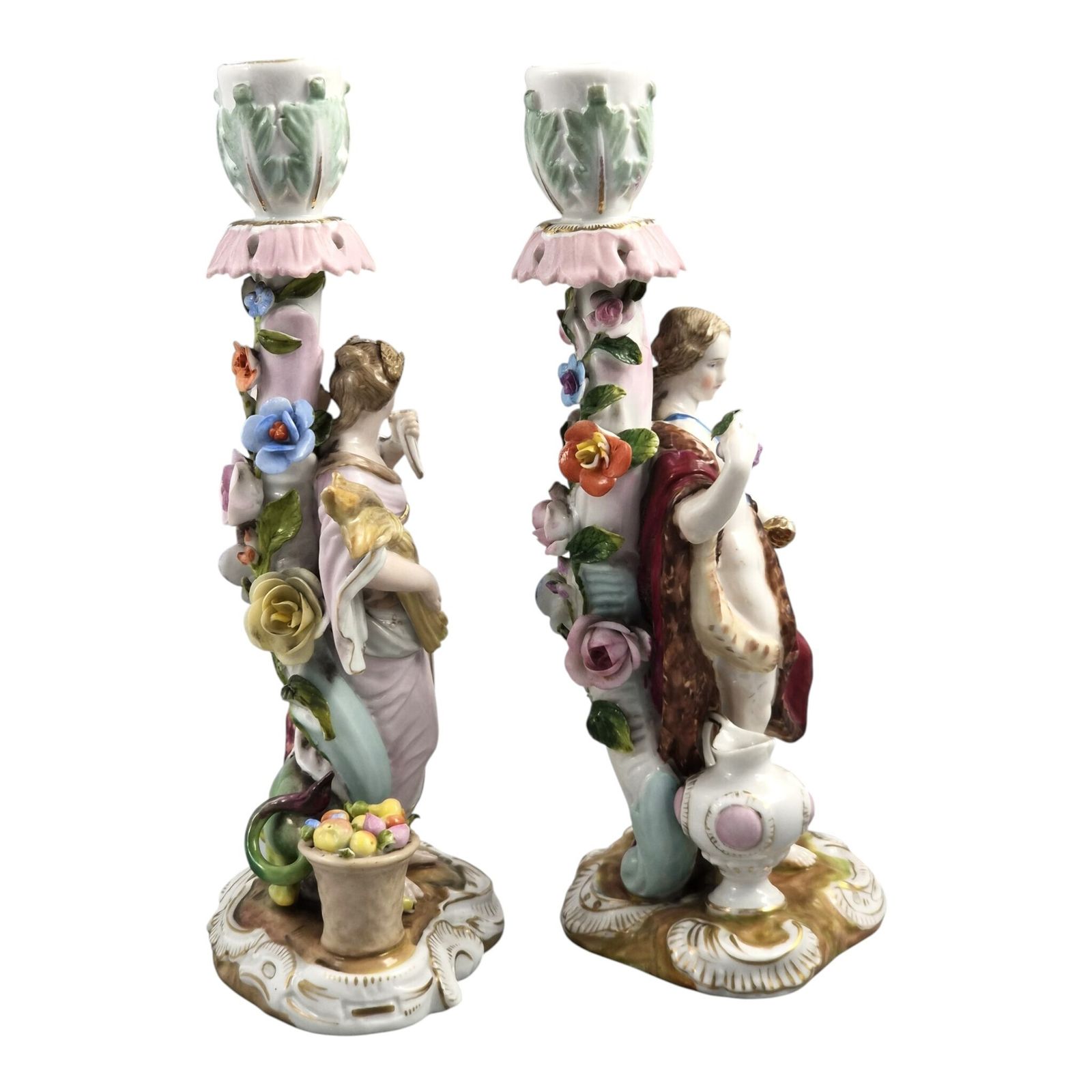 Volkstedt R. Eckert & Co. Allegorical Porcelain Candlesticks C.1895 photo Woonaccessoires