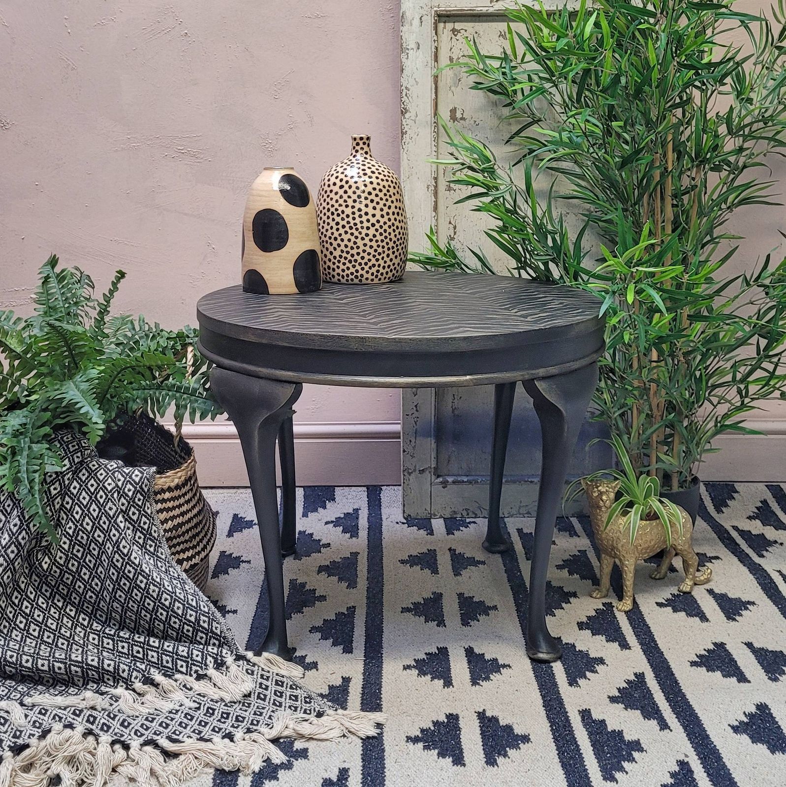 Round Coffee Table   Hand Painted   Gold Metallic Zebra Print   Metallic Accents   Boho   Maximalist   Black photo furniture