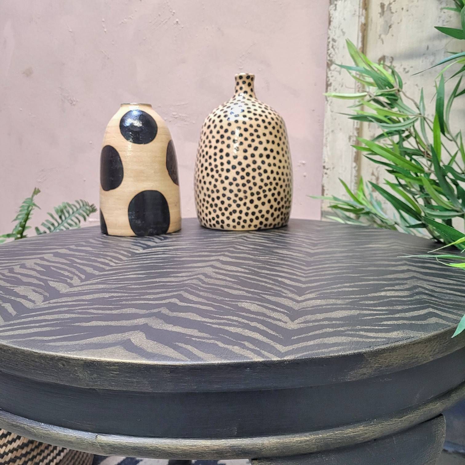 Round Coffee Table   Hand Painted   Gold Metallic Zebra Print   Metallic Accents   Boho   Maximalist   Black photo Furniture