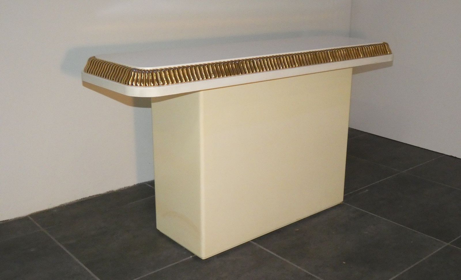 photo for sale Regency Console Table With Ivory And Gold Lacquer Finish In The Style Of Alain Delon For Maison Jansen, France, 1970s