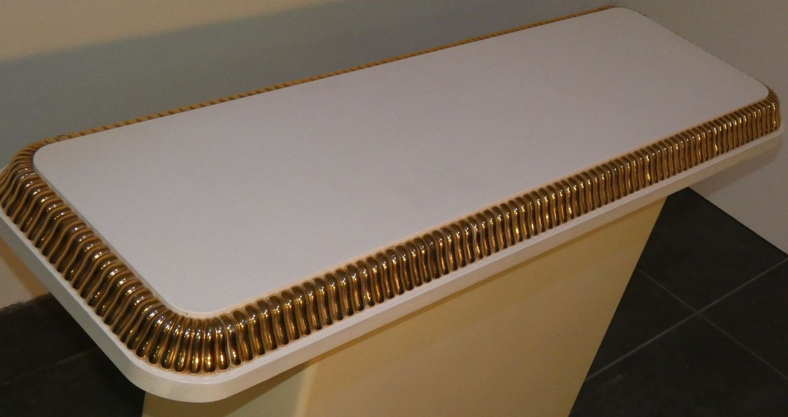 Furniture Regency Console Table With Ivory And Gold Lacquer Finish In The Style Of Alain Delon For Maison Jansen, France, 1970s photo