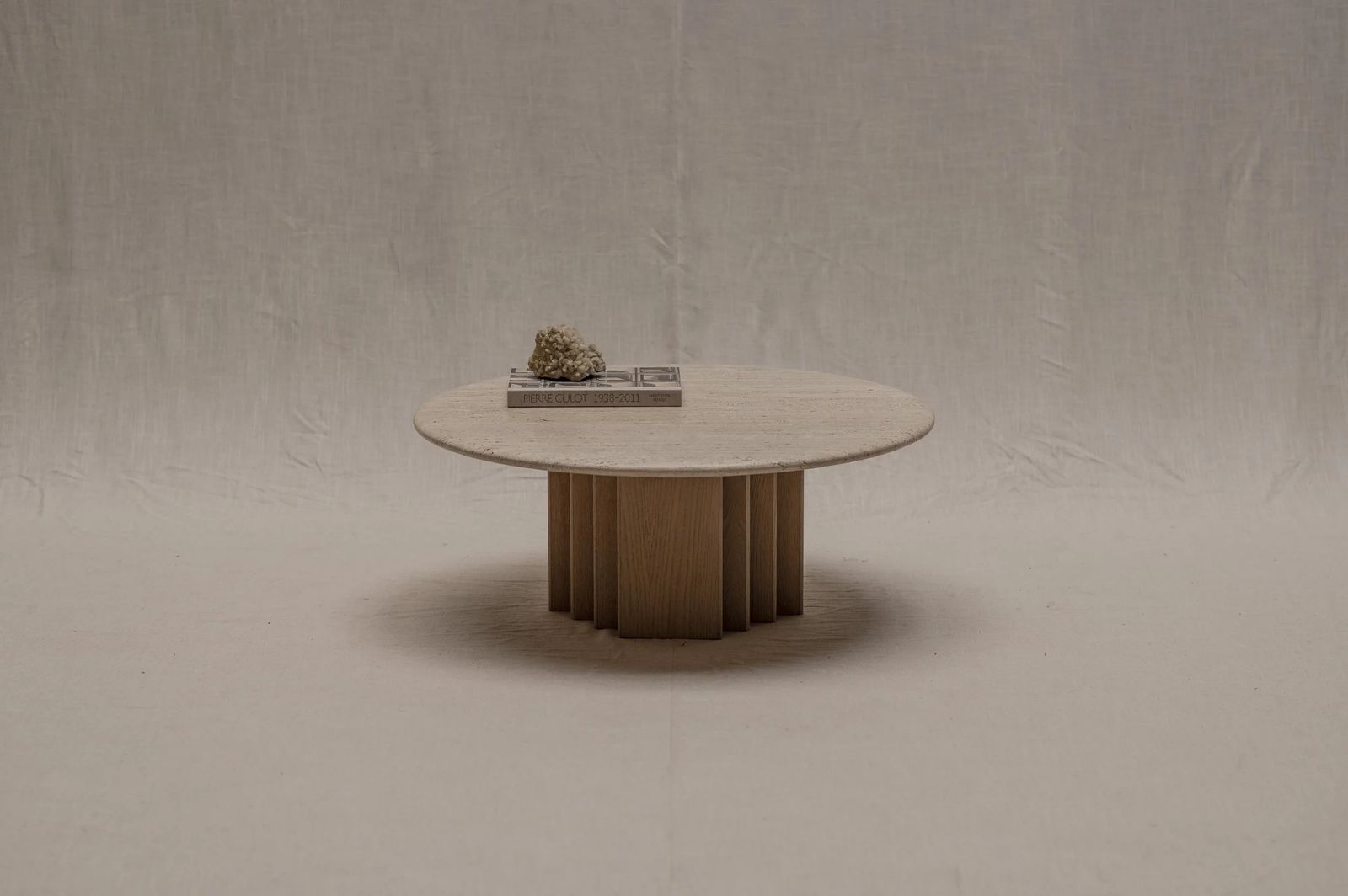 Mid Century Coffee Table In Oak And Travertine, 1970s