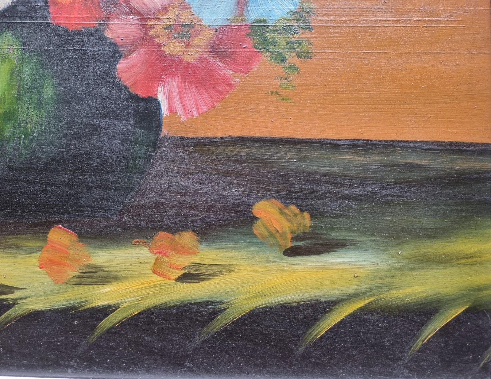 Framed Oil Painting On Board Still Life Vibrant Flowers In Vase photo vintage