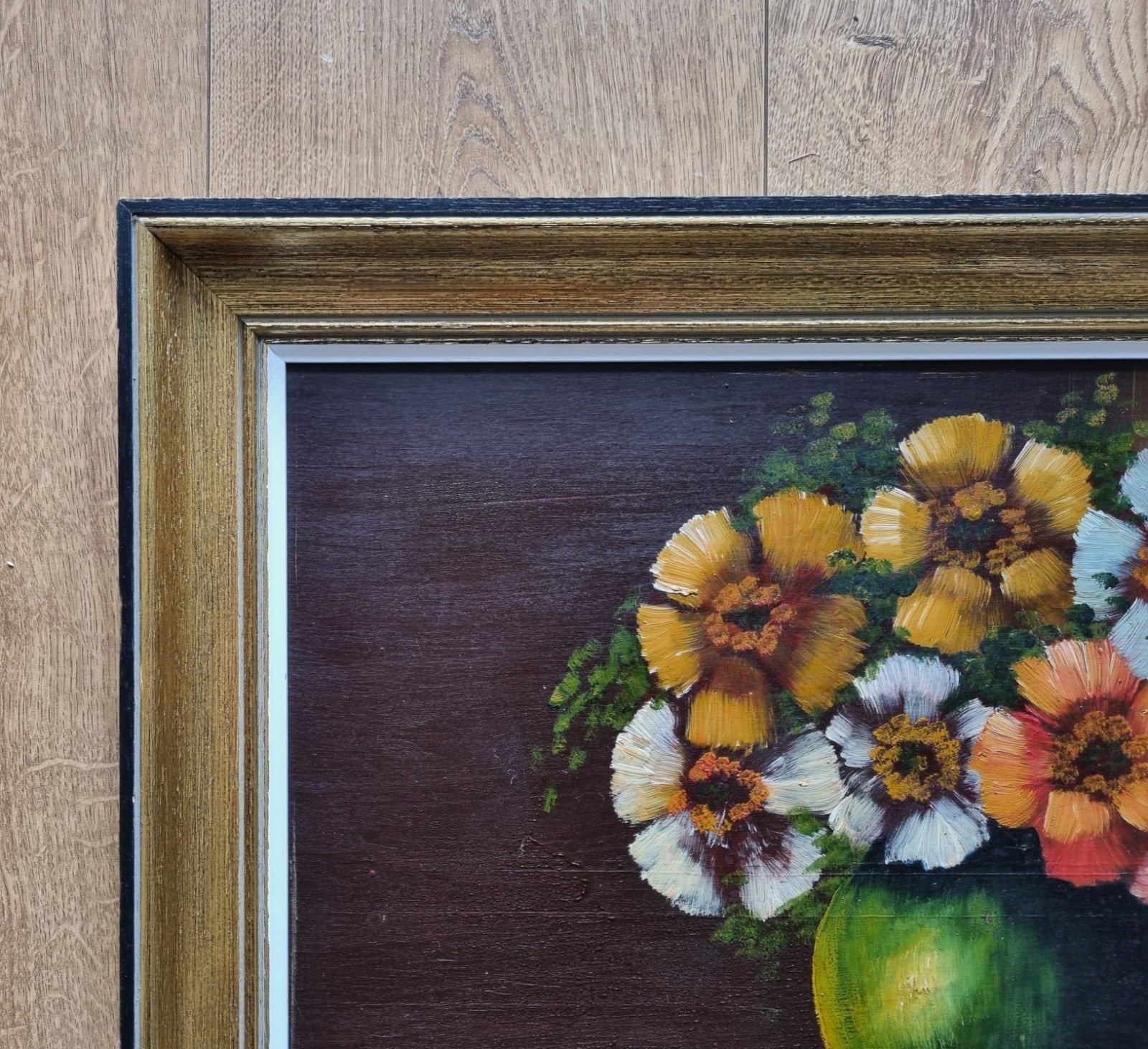 photo vinterior Framed Oil Painting On Board Still Life Vibrant Flowers In Vase