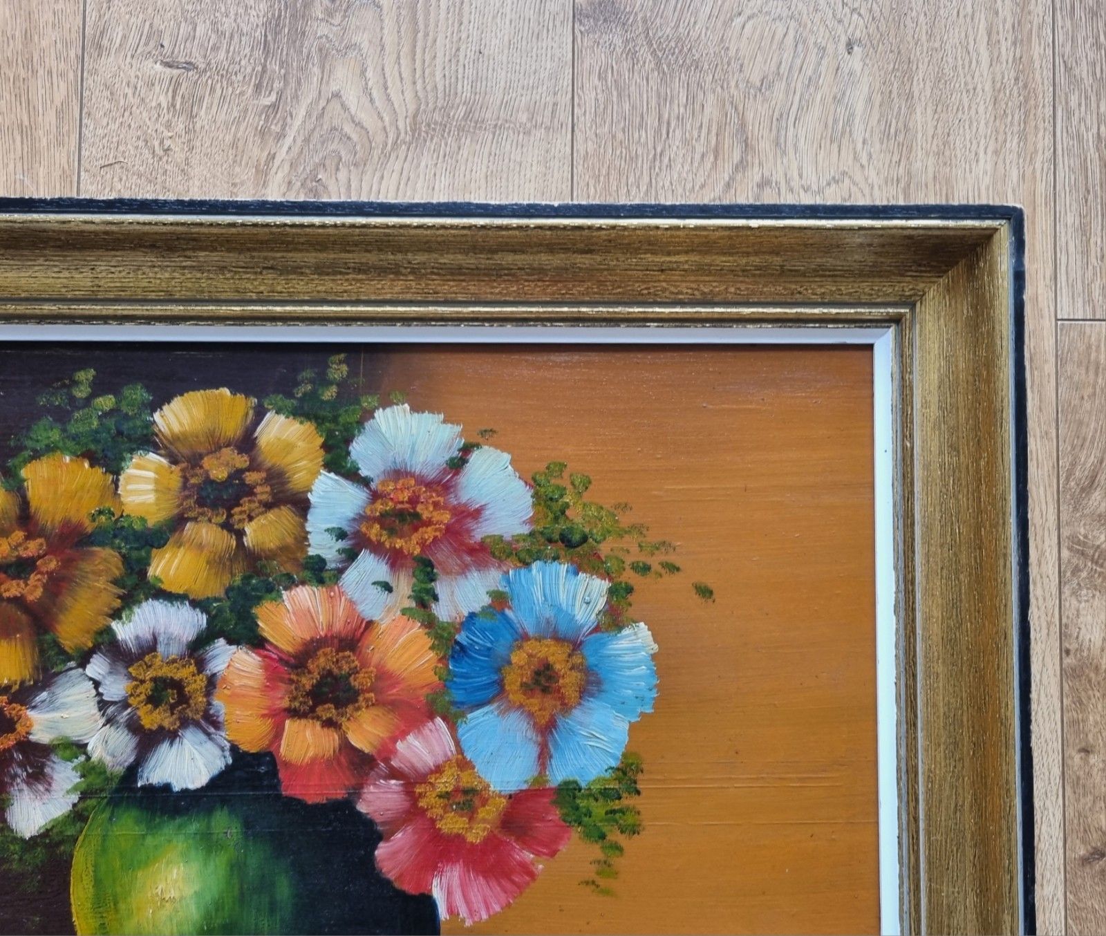 photo buy Framed Oil Painting On Board Still Life Vibrant Flowers In Vase