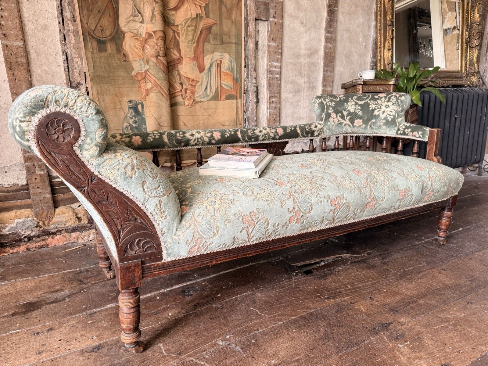 Antique Victorian Country Sage Green Floral Chaise Lounge Longue Daybed 1880 C photo Furniture