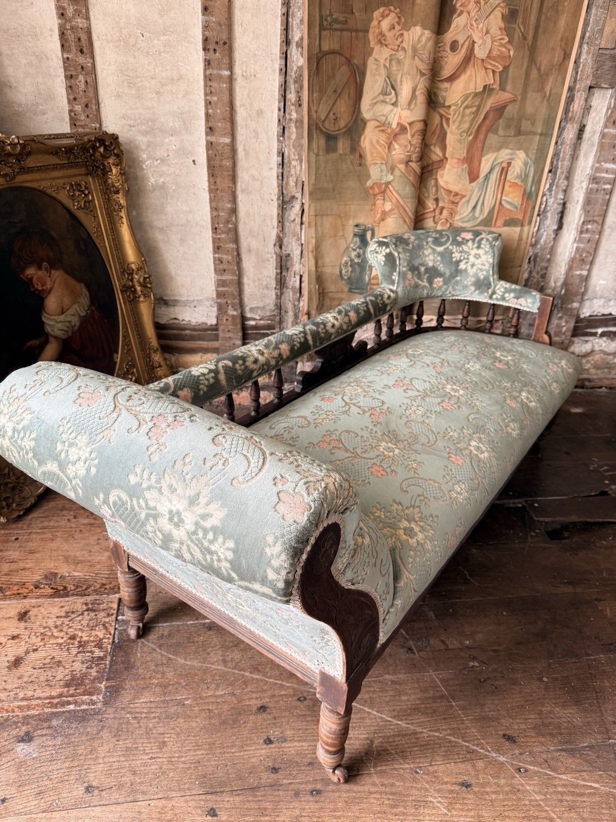 Antique Victorian Country Sage Green Floral Chaise Lounge Longue Daybed 1880 C photo vintage