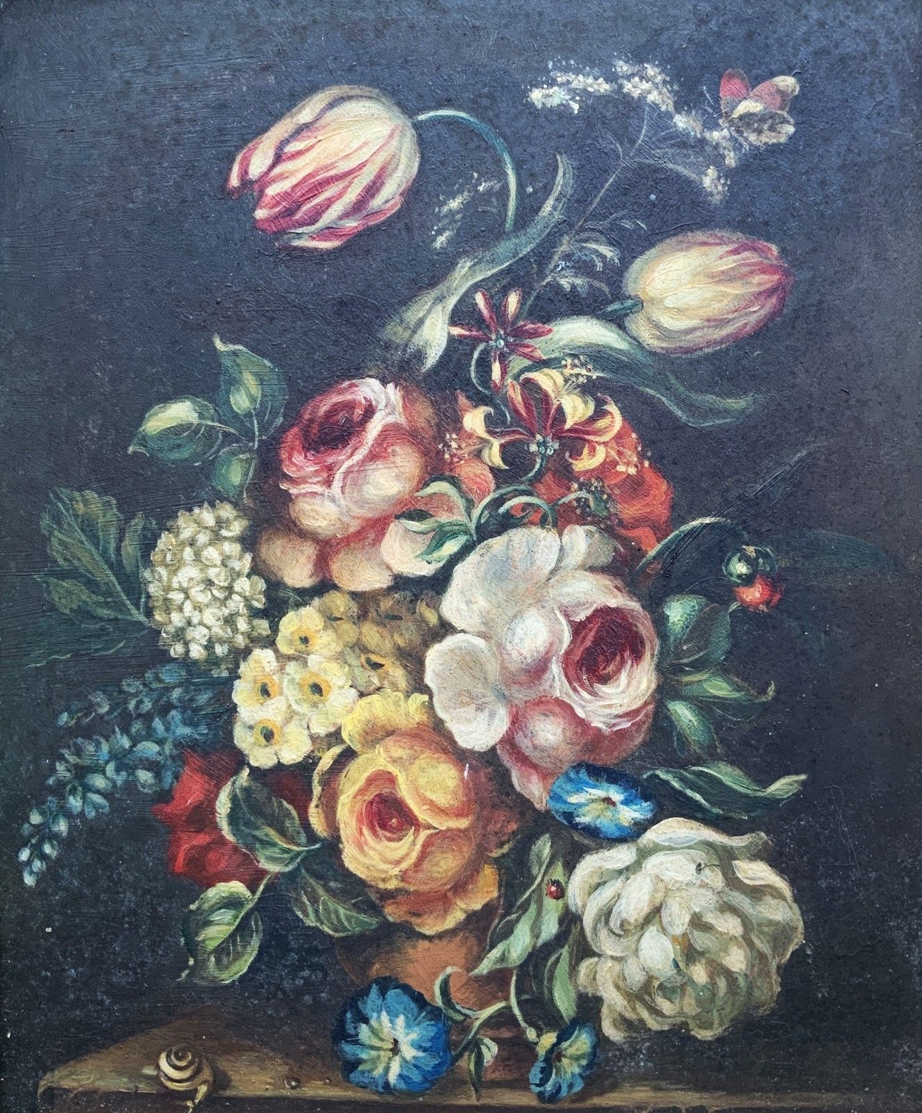 Beautiful Late 19th Century Dutch Antique Still Life Tulips & Roses Oil Painting photo furniture