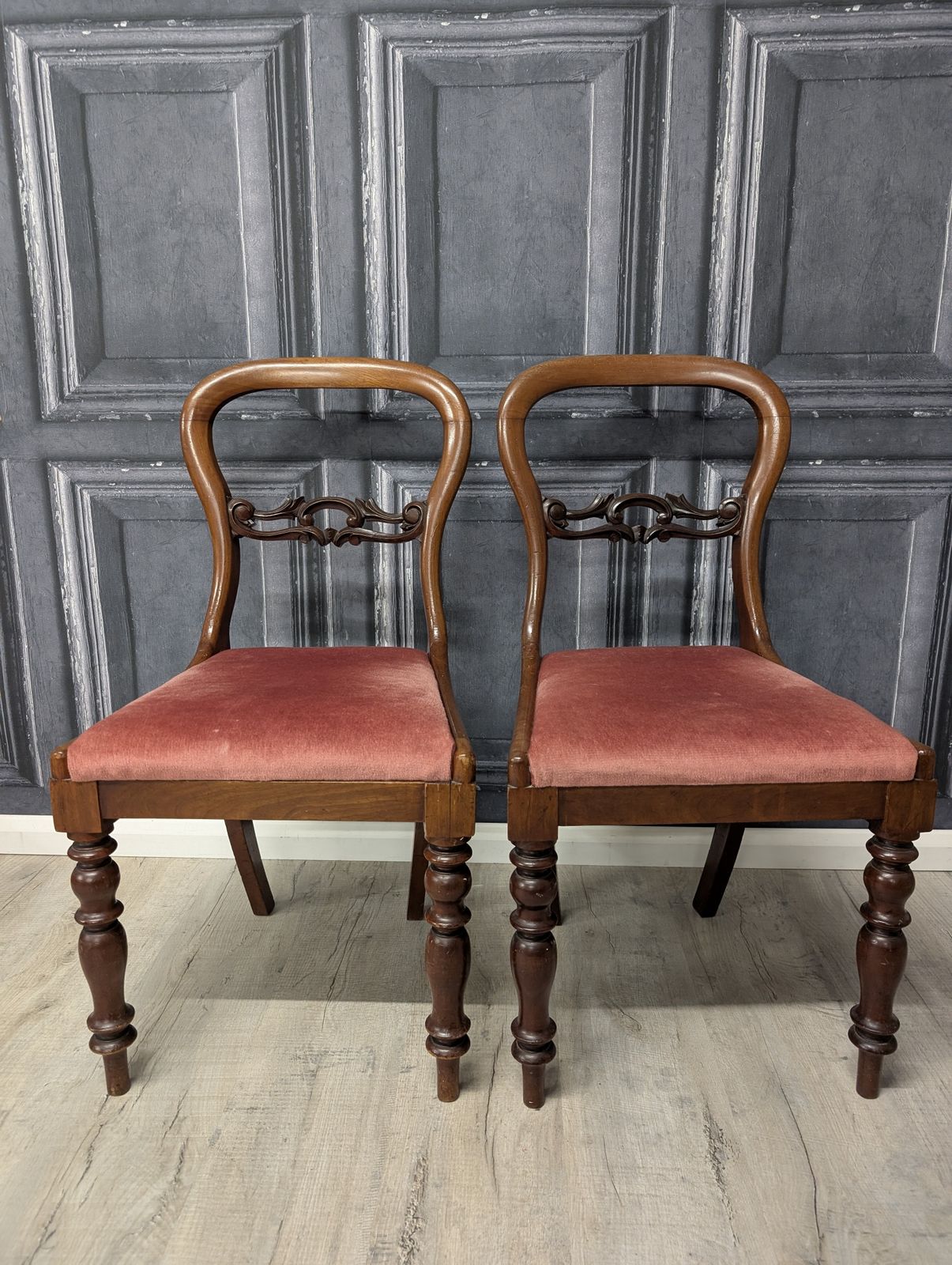 Pair Of Victorian Balloon Back Mahogany Dining Chairs With Carved Splat & Pink Upholstery, C.1870 photo furniture
