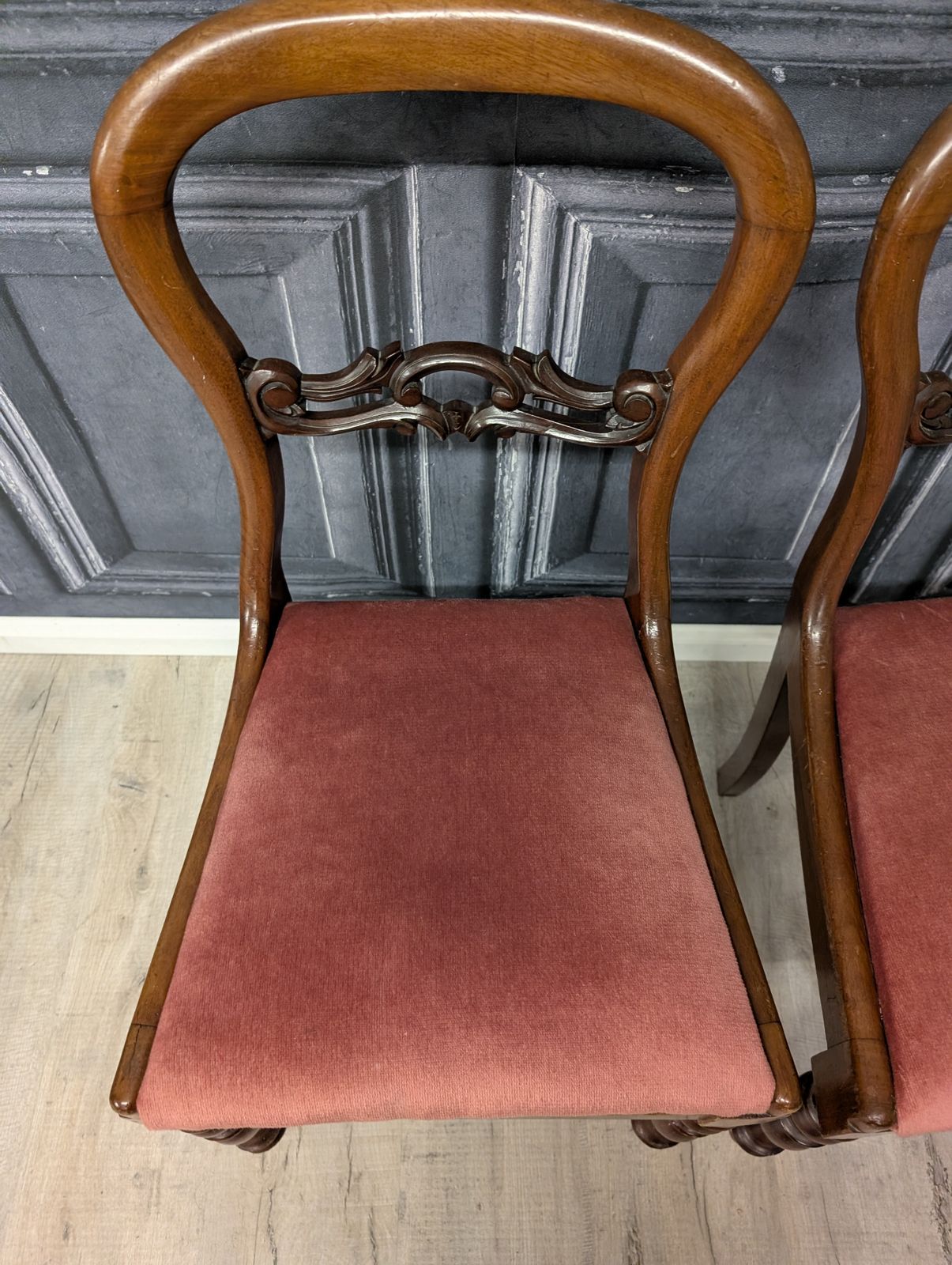 Pair Of Victorian Balloon Back Mahogany Dining Chairs With Carved Splat & Pink Upholstery, C.1870 photo Furniture