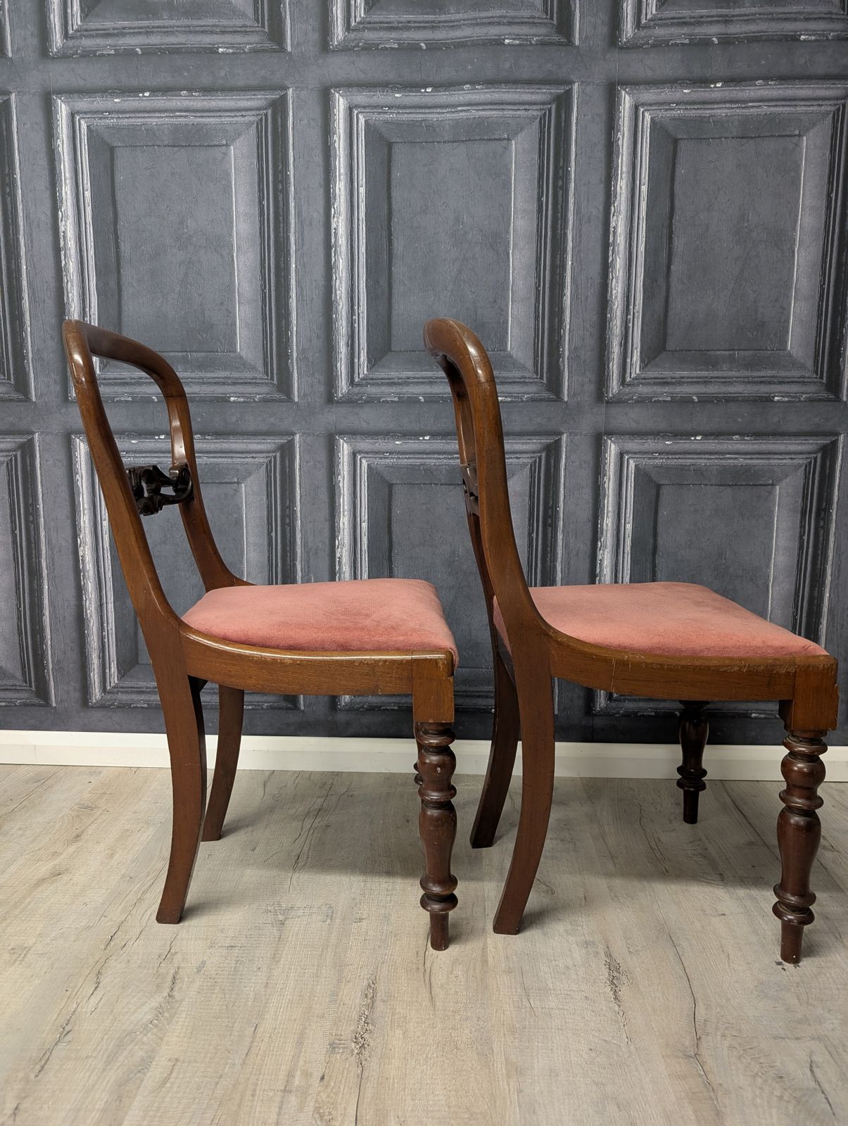 photo for sale Pair Of Victorian Balloon Back Mahogany Dining Chairs With Carved Splat & Pink Upholstery, C.1870