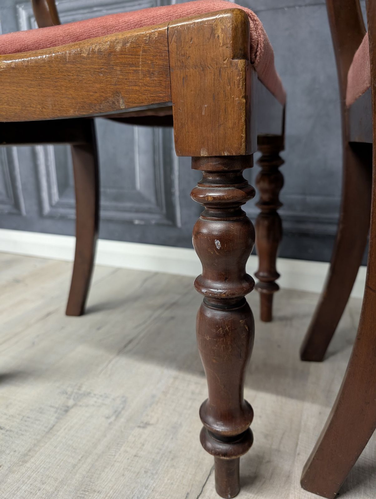 Furniture Pair Of Victorian Balloon Back Mahogany Dining Chairs With Carved Splat & Pink Upholstery, C.1870 photo