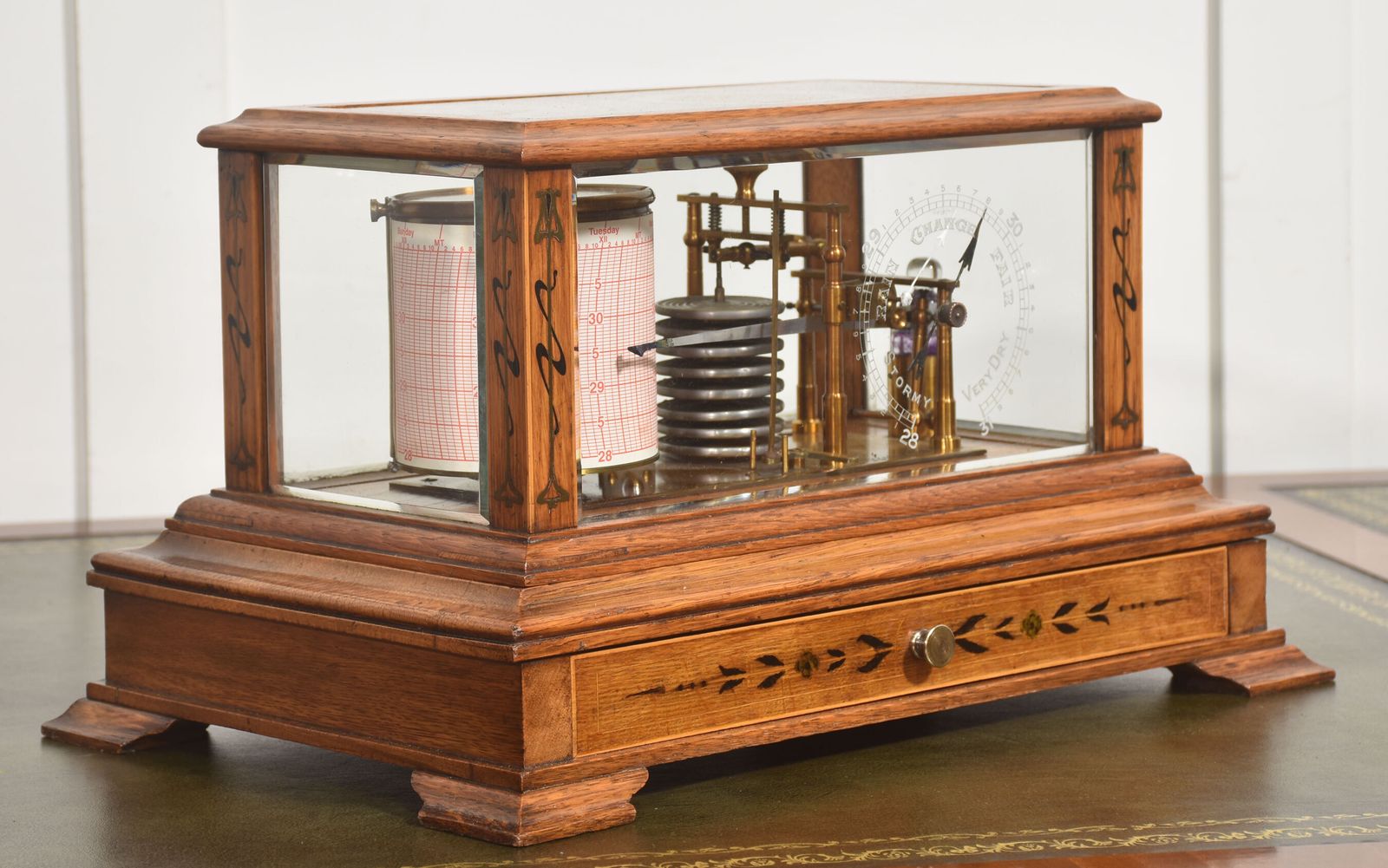 photo furniture Rare Hezzanith Oak Cased Barograph With Art Nouveau Inlay