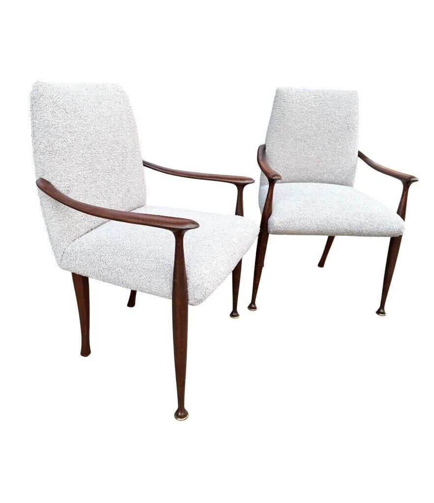 A Pair Of Italian 1950s Wallnut Chairs By Cassina Newly Upholstered In Light Grey Boucle