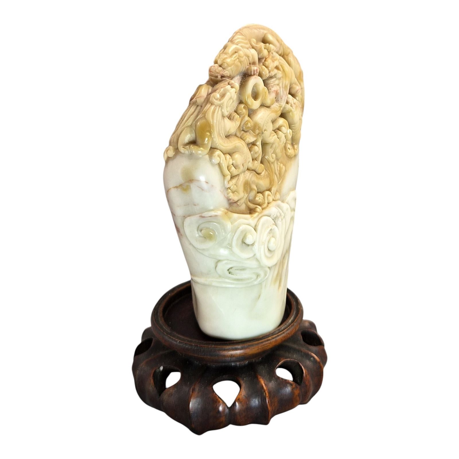Chinese Shoushan Stone Dragon Carving On Wooden Stand, Late 19th / Early 20th C. photo furniture