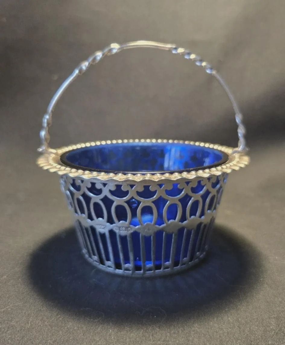 Antique Solid Silver Bristol Blue Swing Handle Basket 1902 Cohen & Charles photo for sale