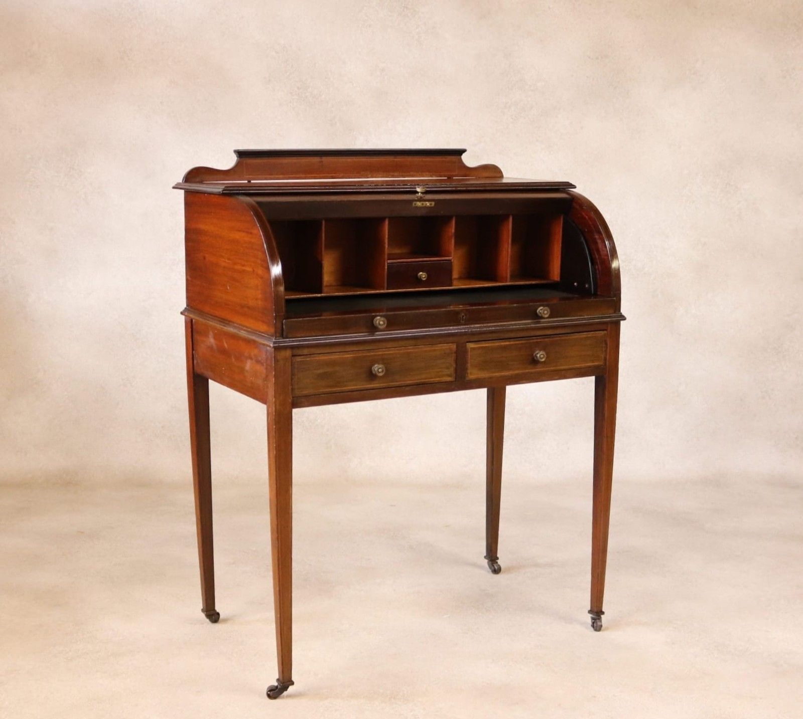 ​Antique Edwardian Mahogany Cylinder Bureau Desk Sheraton Style Circa 1900 photo vinterior