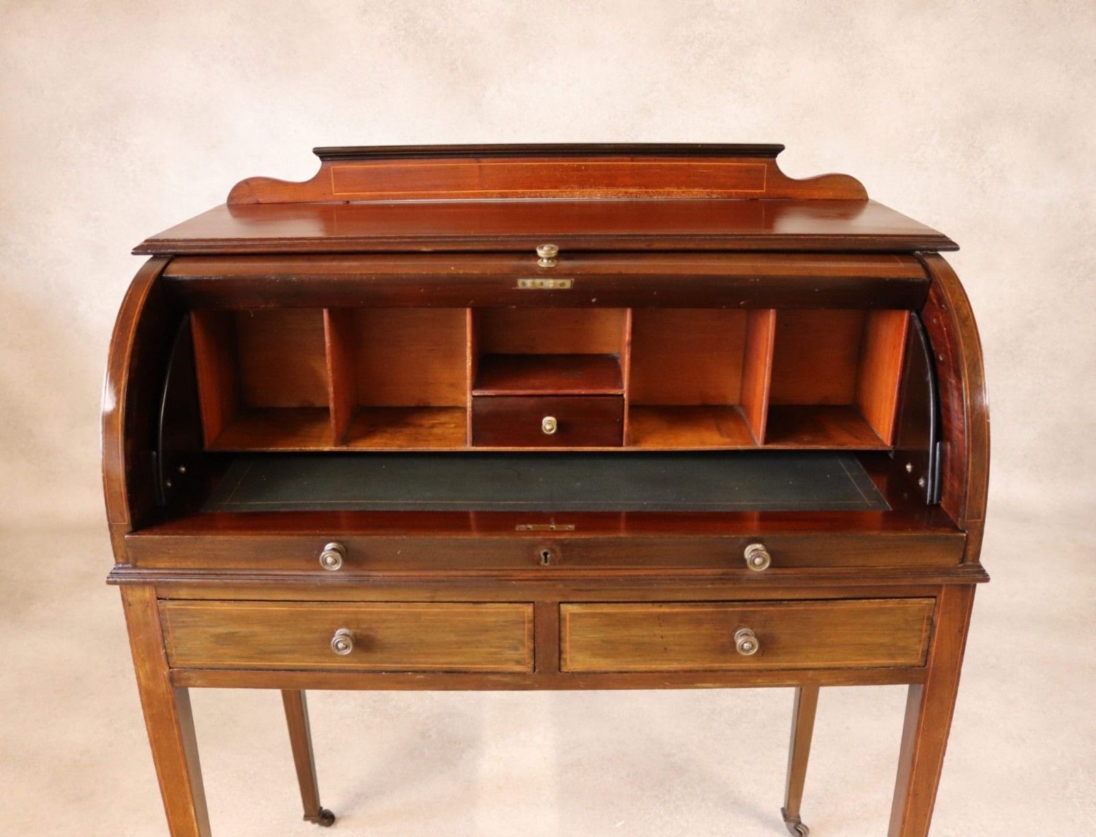 325.0 ​Antique Edwardian Mahogany Cylinder Bureau Desk Sheraton Style Circa 1900 photo