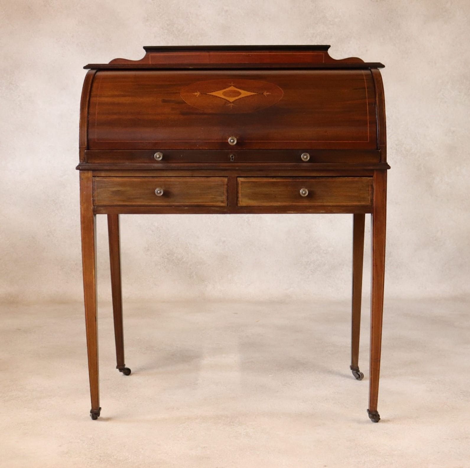 photo vintage ​Antique Edwardian Mahogany Cylinder Bureau Desk Sheraton Style Circa 1900